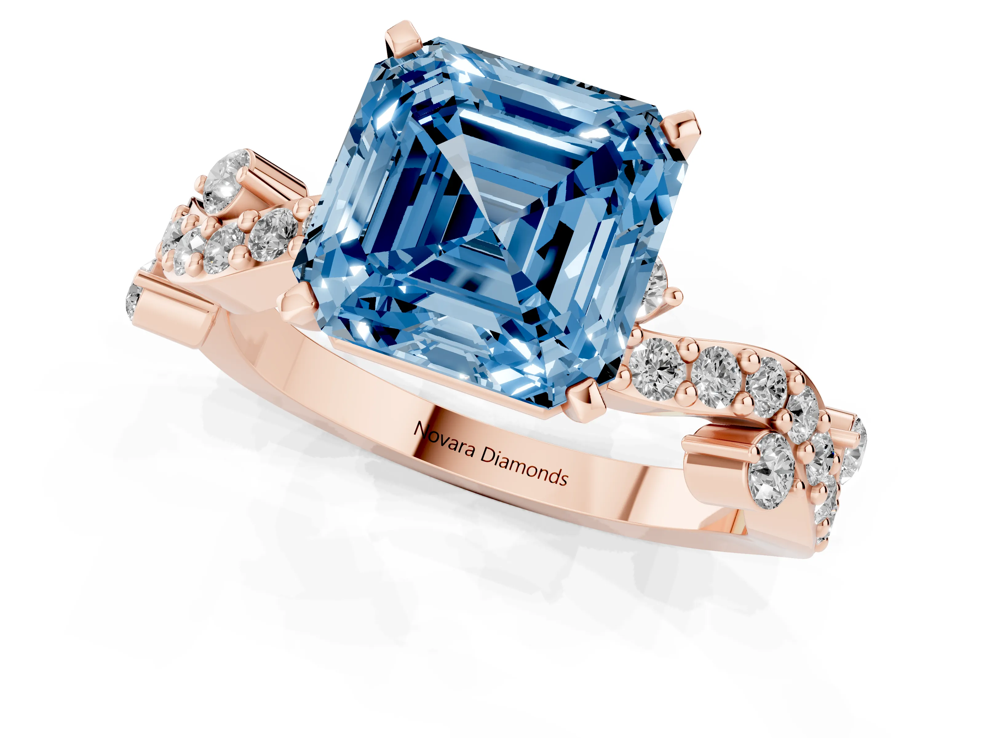 Fancy Blue Asscher Cut Diamond Solitaire Twisted Band Set in Rose gold with Pavé Setting