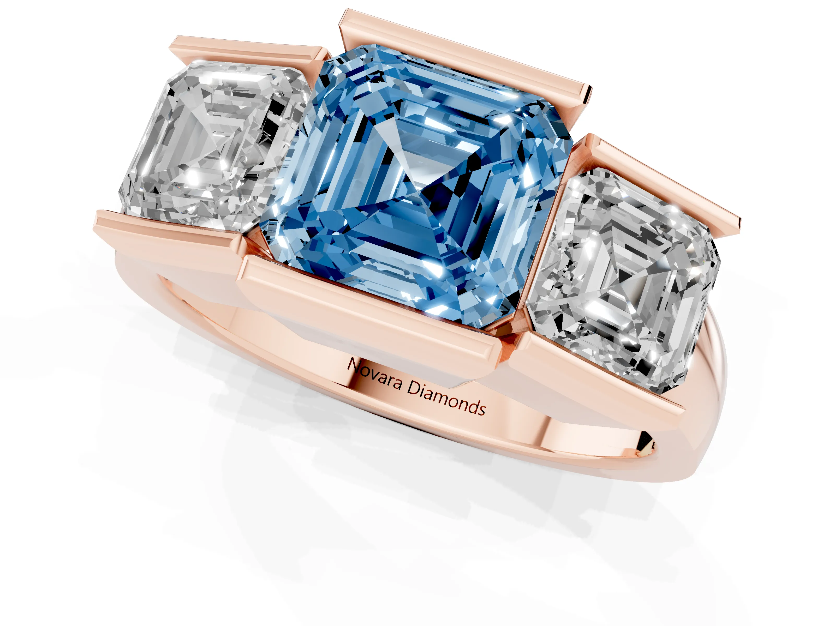 Fancy Blue Asscher Cut Diamond Three-Stone Channel Set Ring Set in Rose gold with Smooth Polished Band