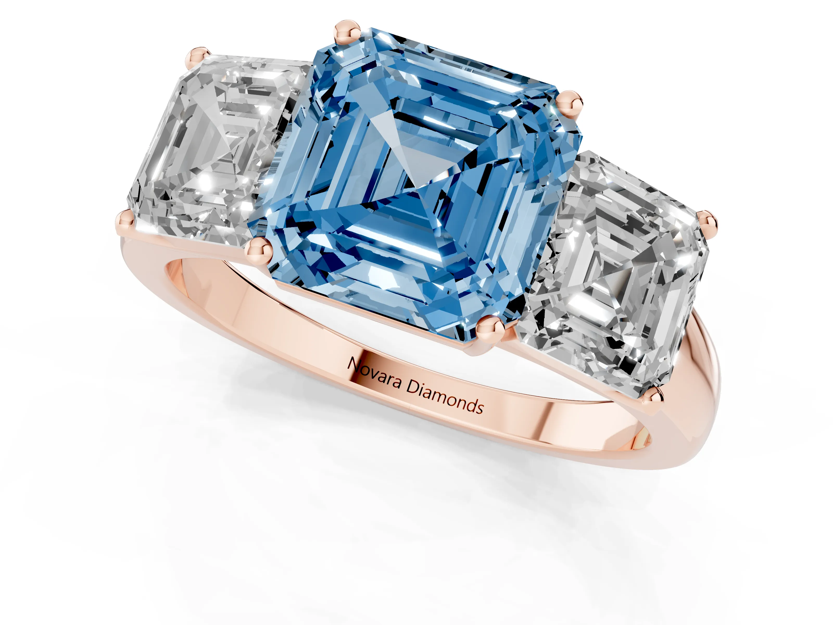Fancy Blue Asscher Cut Diamond Three-Stone Ring Set in Rose gold with Classic Prong Setting and Plain Band