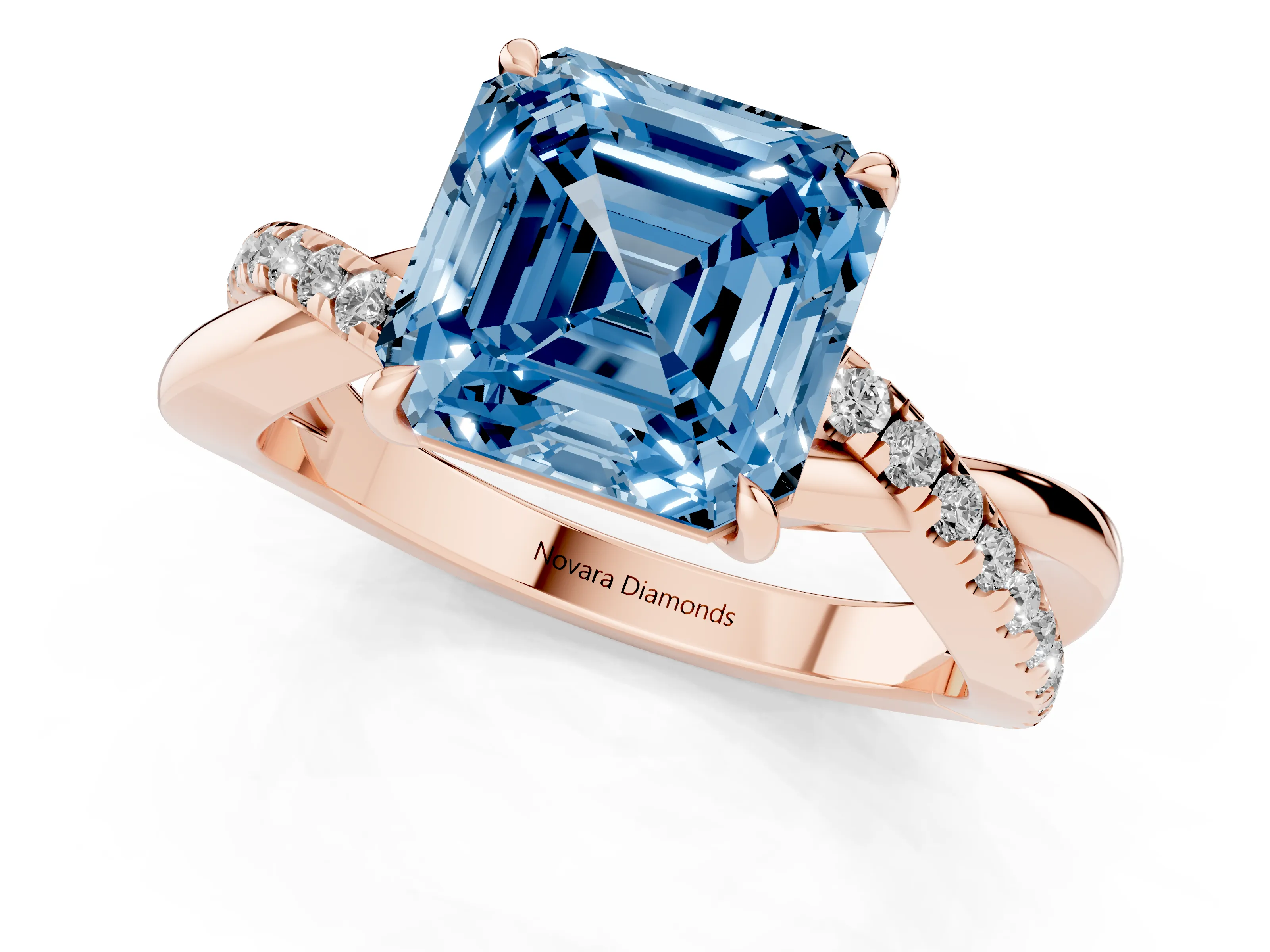 Fancy Blue Asscher Cut Diamond Twisted Pavé Band Ring Set in Rose gold with Prong Setting