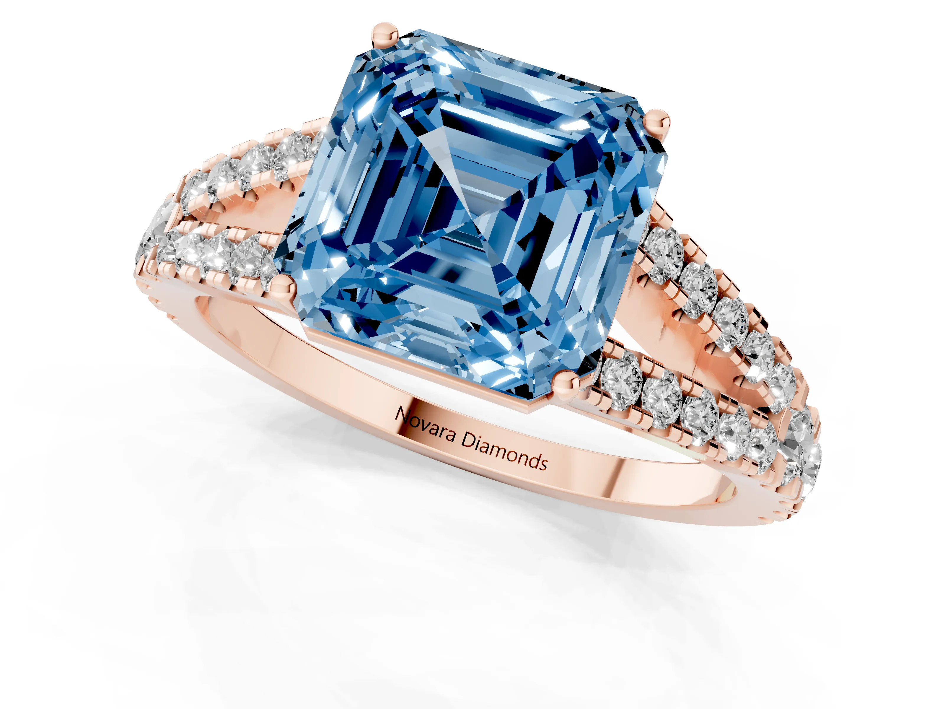 Fancy Blue Asscher Cut Diamond Split Shank Engagement Ring Set in Rose gold with Round Pavé and Prong Setting
