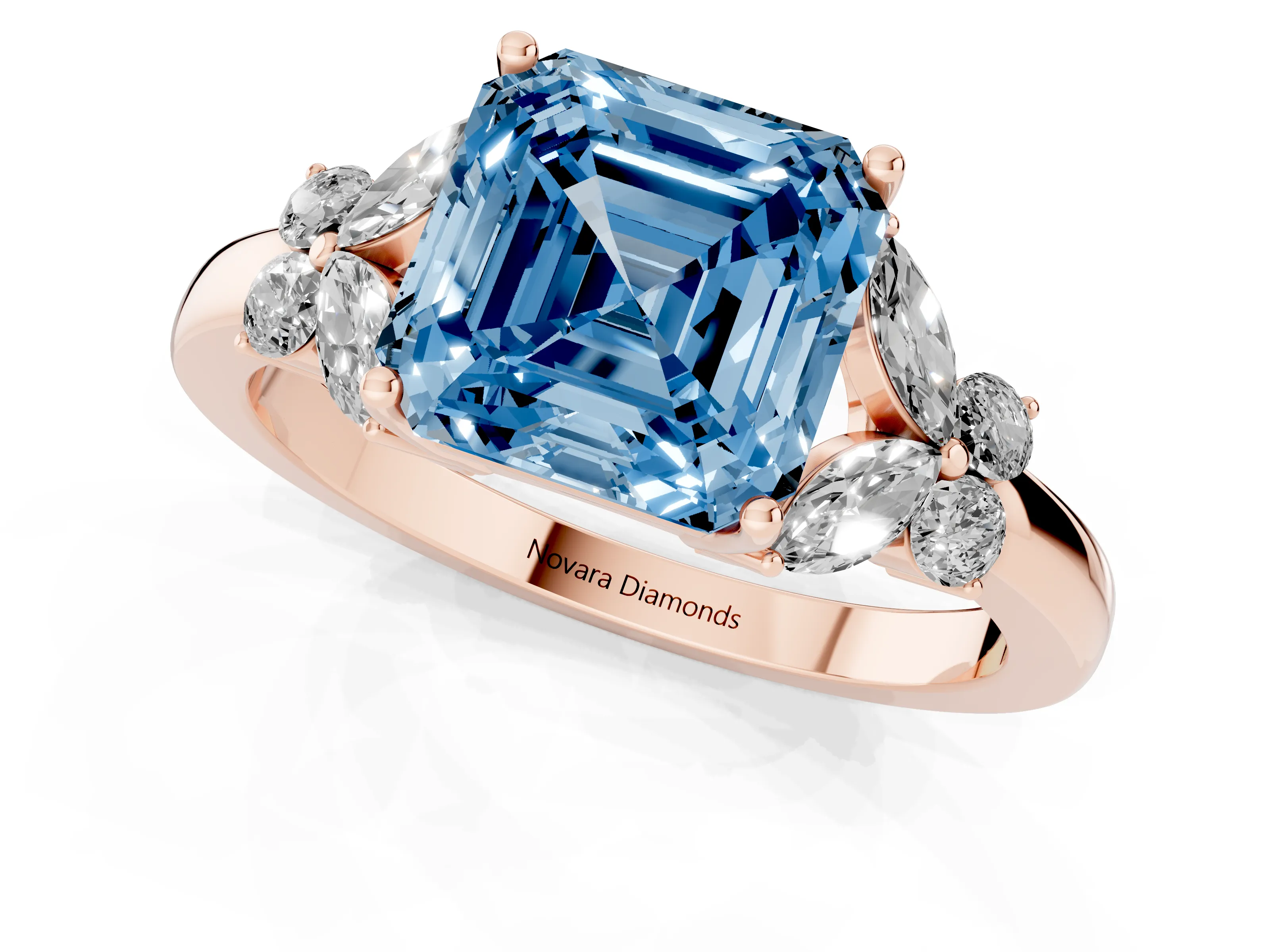 Fancy Blue Asscher Cut Diamond Solitaire Floral Ring Set in Rose gold with Marquise Petals and Prong Setting
