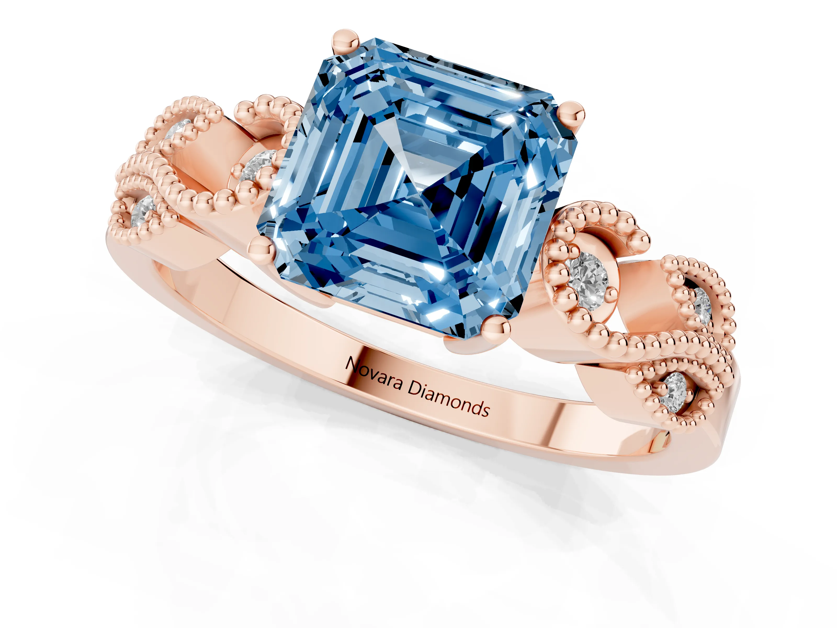 Fancy Blue Asscher Cut Diamond Milgrain Leaf Band Solitaire Ring Set in Rose gold with Accent Stones and Prong Setting
