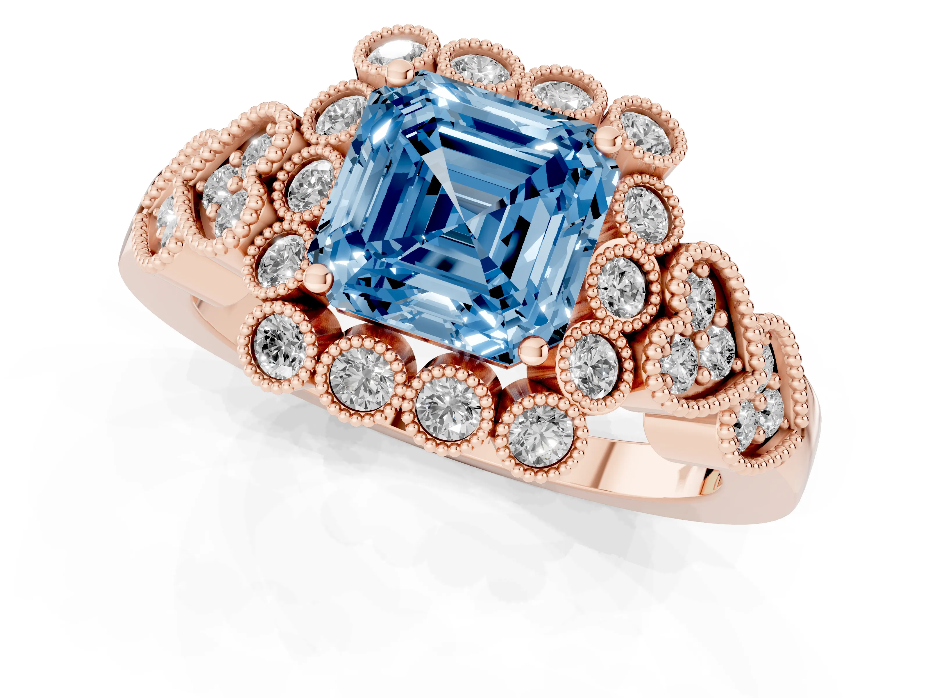 Fancy Blue Asscher Cut Diamond Solitaire Ring Set in Rose gold with Milgrain Pavé Heart Band