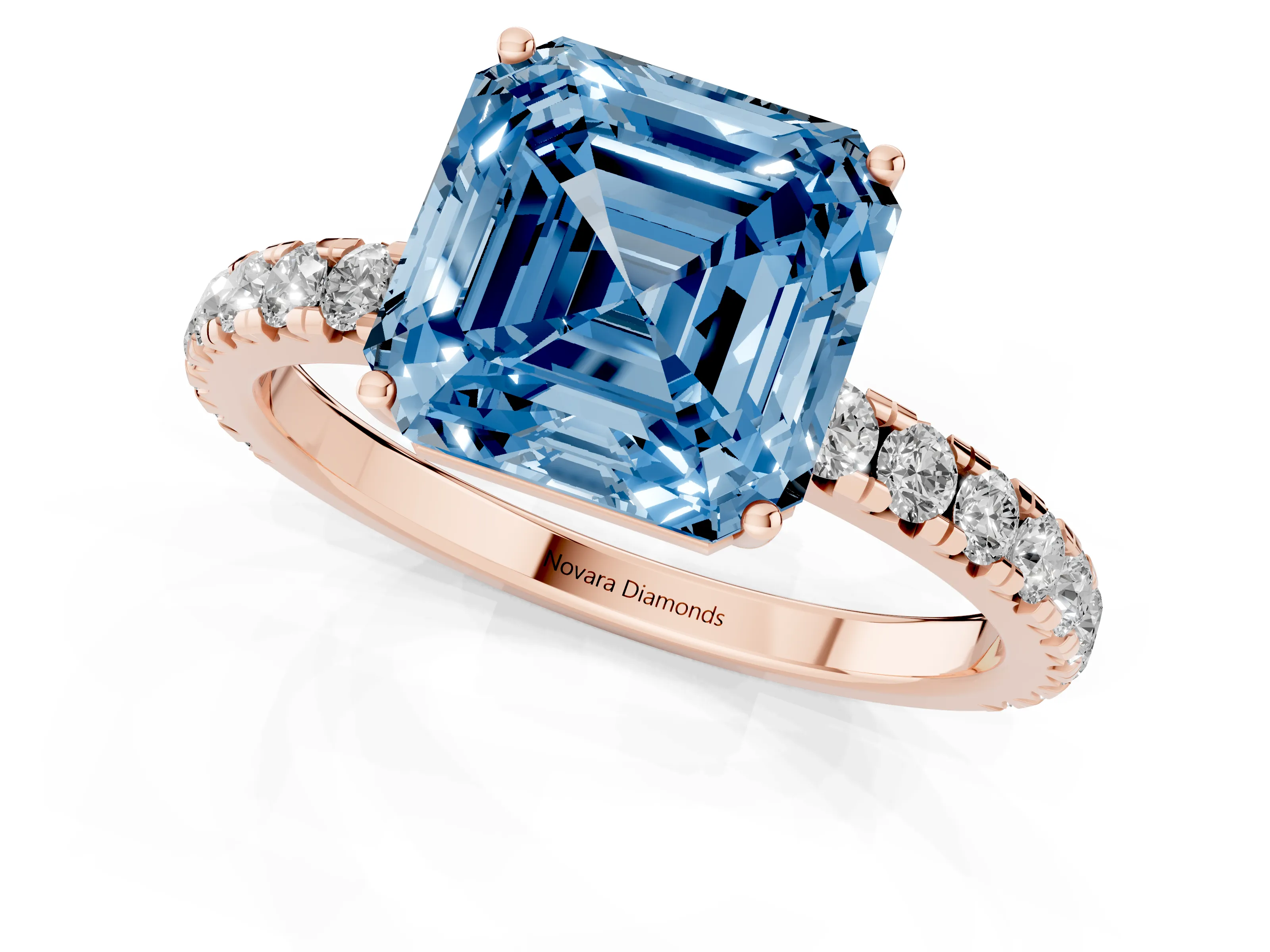 Fancy Blue Asscher Cut Diamond Pavé Solitaire Engagement Ring Set in Rose gold with Prong Setting