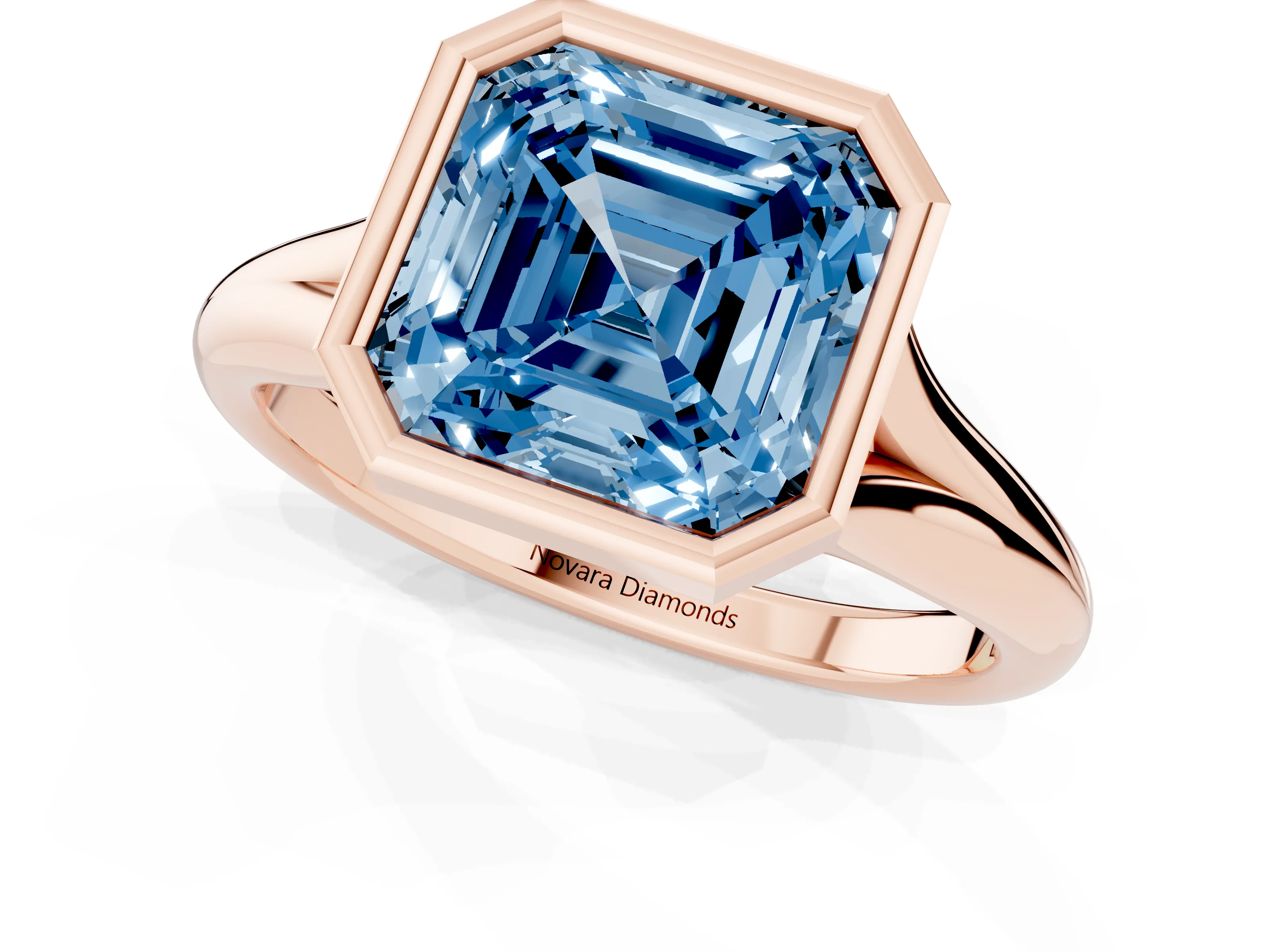 Fancy Blue Bezel Set Asscher Cut Diamond Solitaire Ring Set in Rose gold with Smooth Band