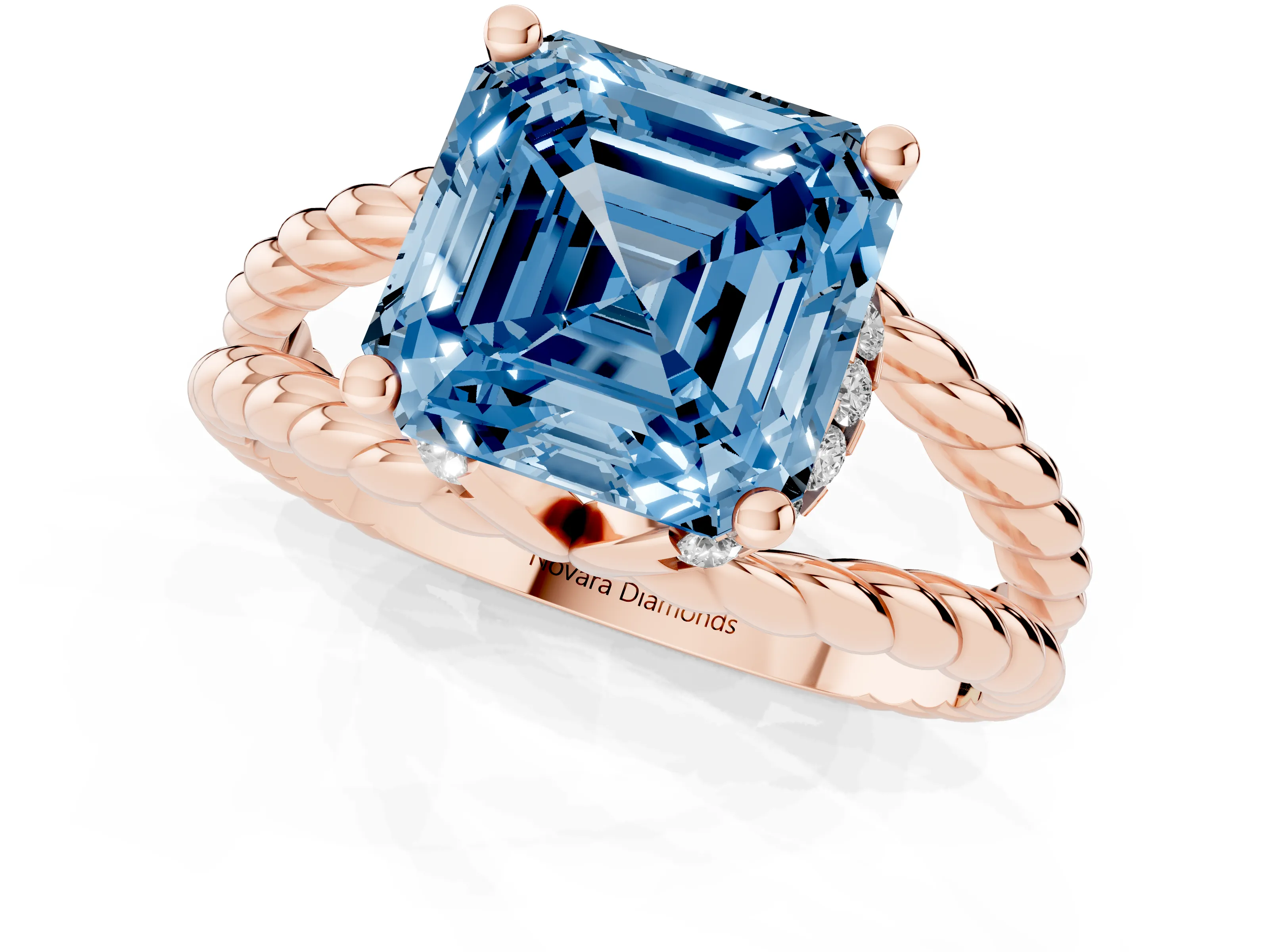 Fancy Blue Asscher Cut Diamond Halo Ring Set in Rose gold with Twisted Band and Prong Setting