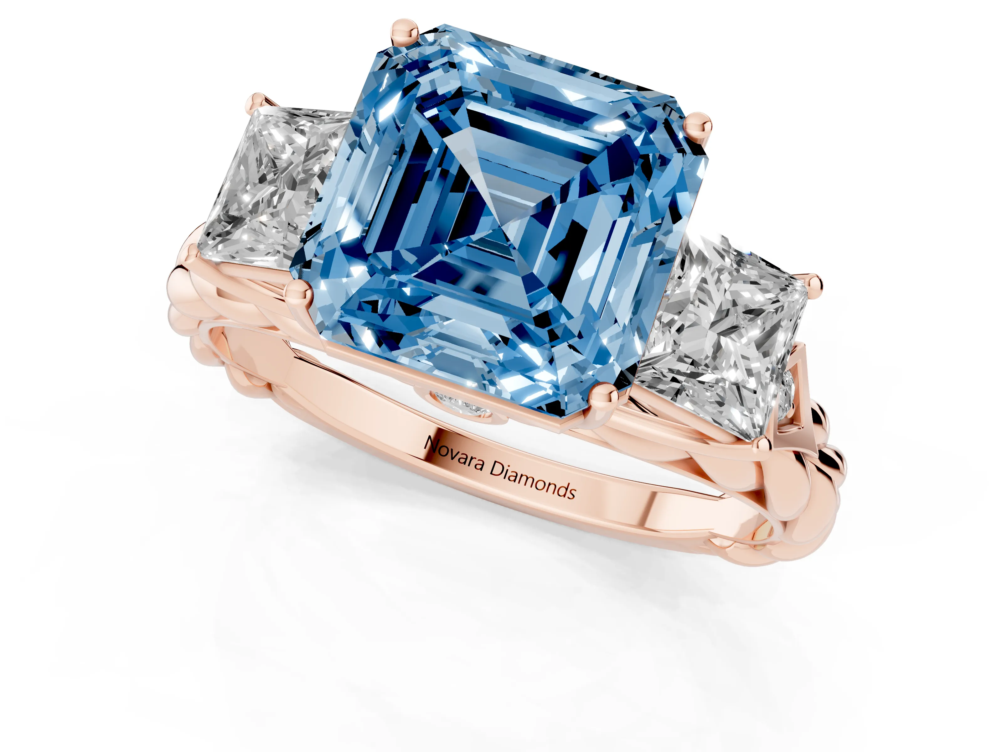 Fancy Blue Asscher Cut Diamond Three-Stone Ring Set in Rose gold with Braided Band