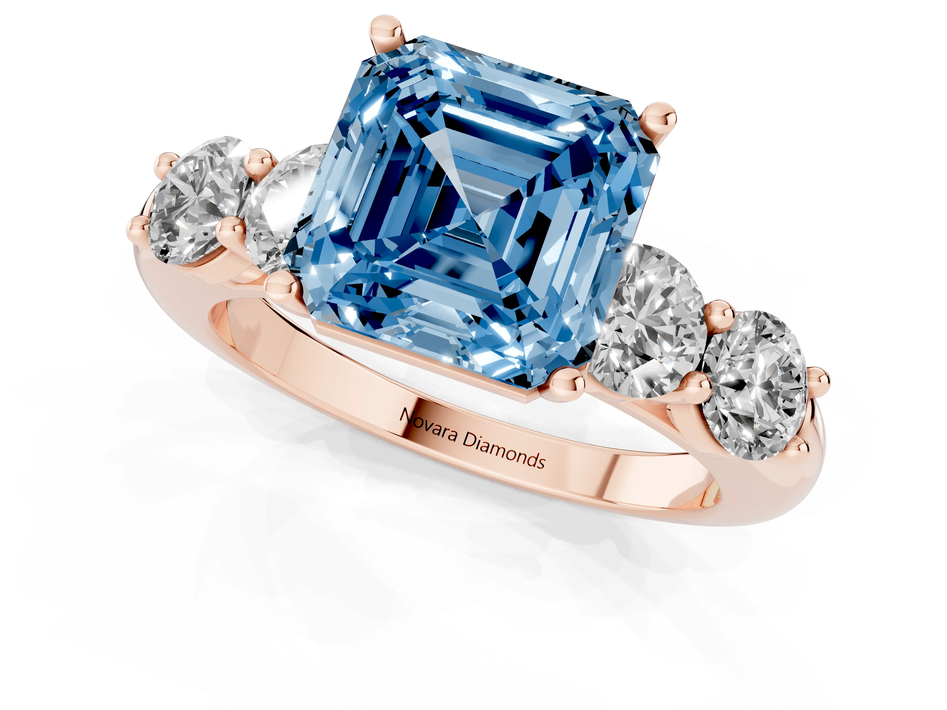 Fancy Blue Asscher Cut Diamond Five-Stone Prong Set Ring Set in Rose gold with Classic Band