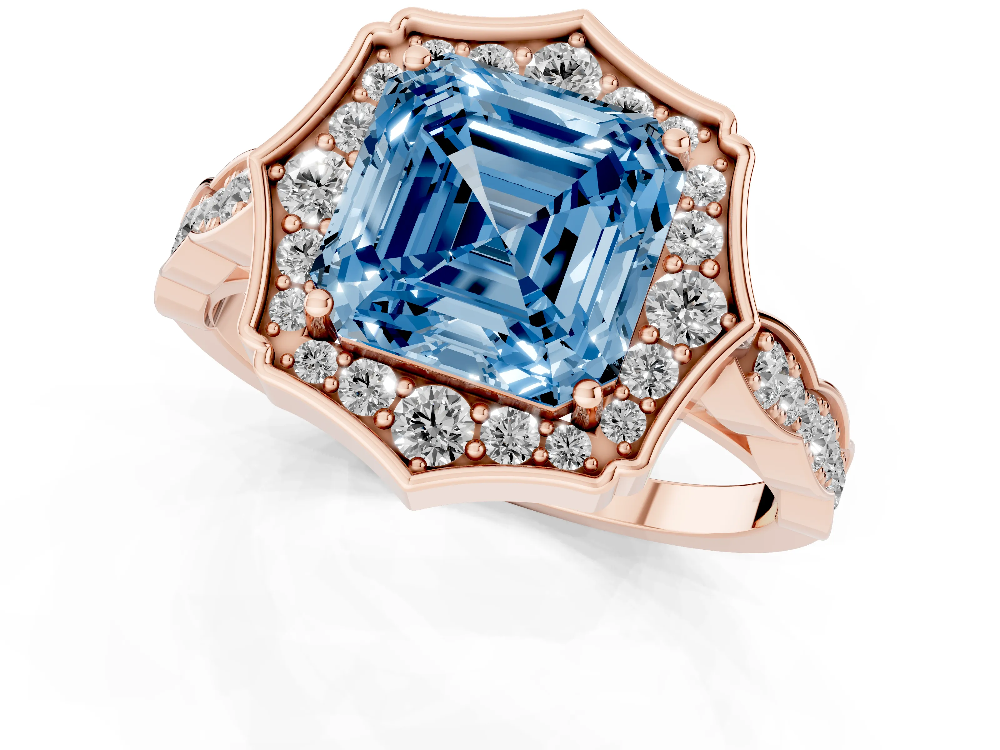 Fancy Blue Asscher Cut Diamond Halo Engagement Ring Set in Rose gold with Milgrain Band and Prong Setting
