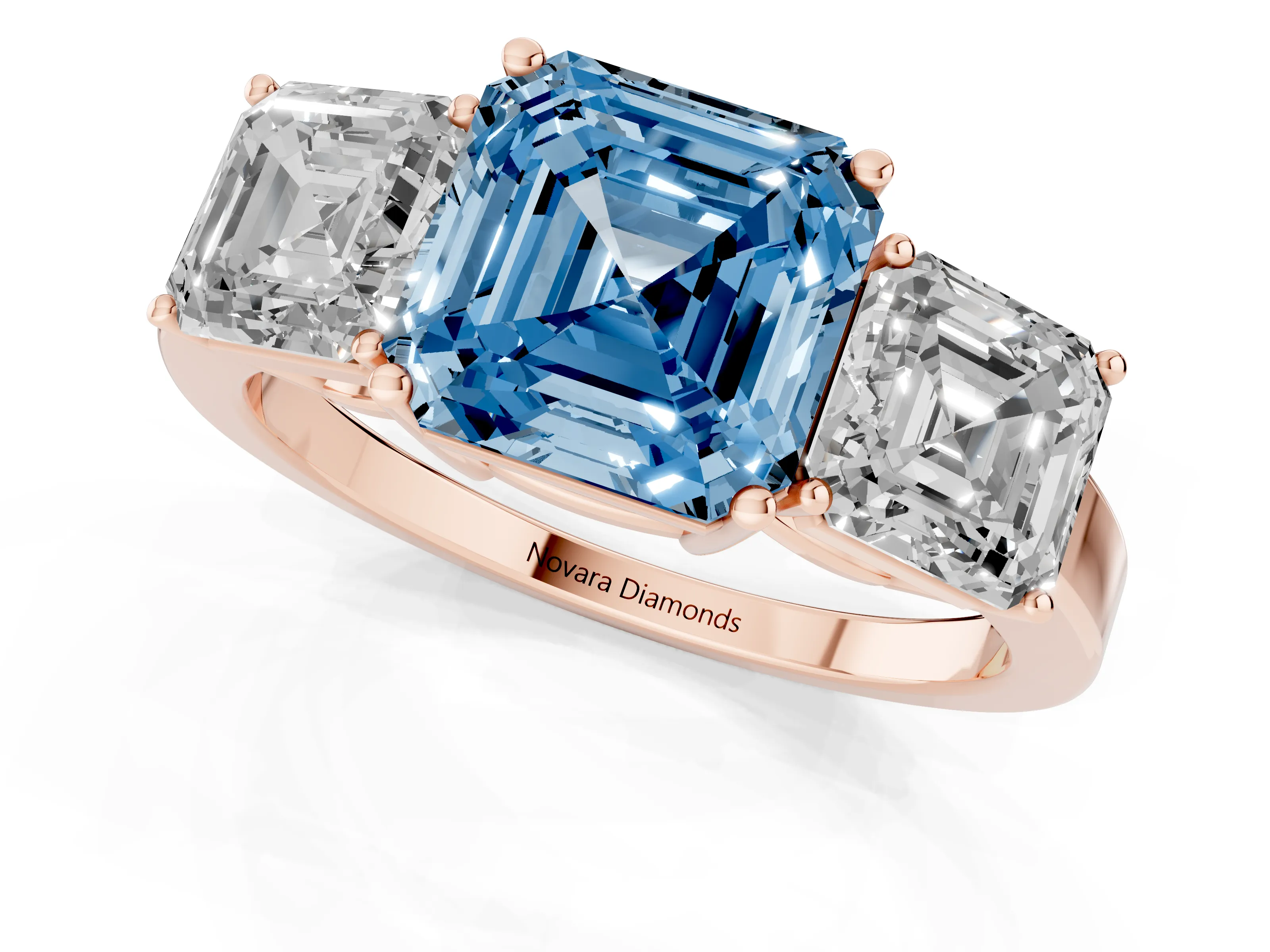 Fancy Blue Asscher Cut Diamond Three-Stone Engagement Ring Set in Rose gold with Flat Band
