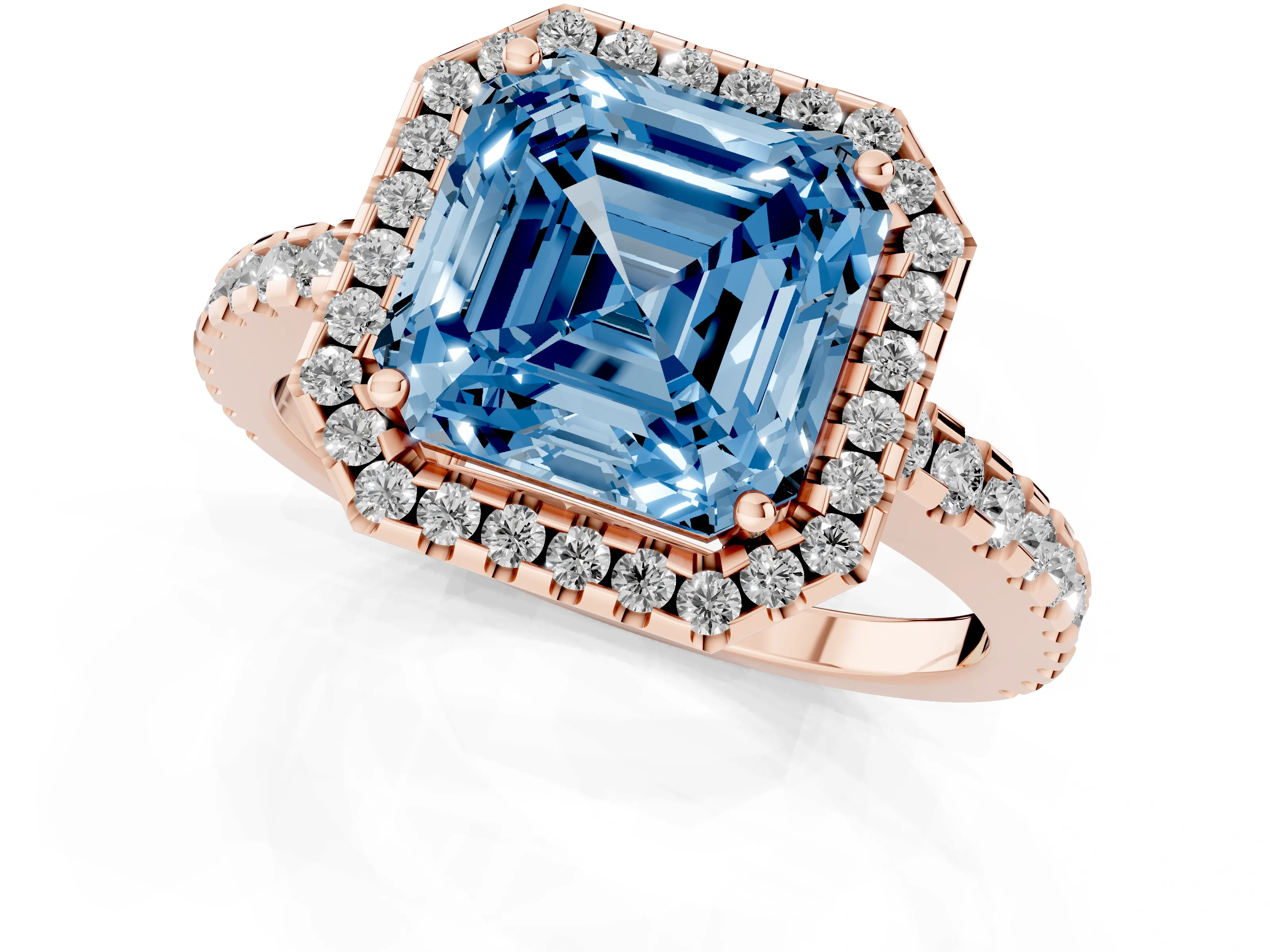 Fancy Blue Asscher Cut Diamond Halo Ring Set in Rose gold with Pavé Shoulders and Halo-Framed Center