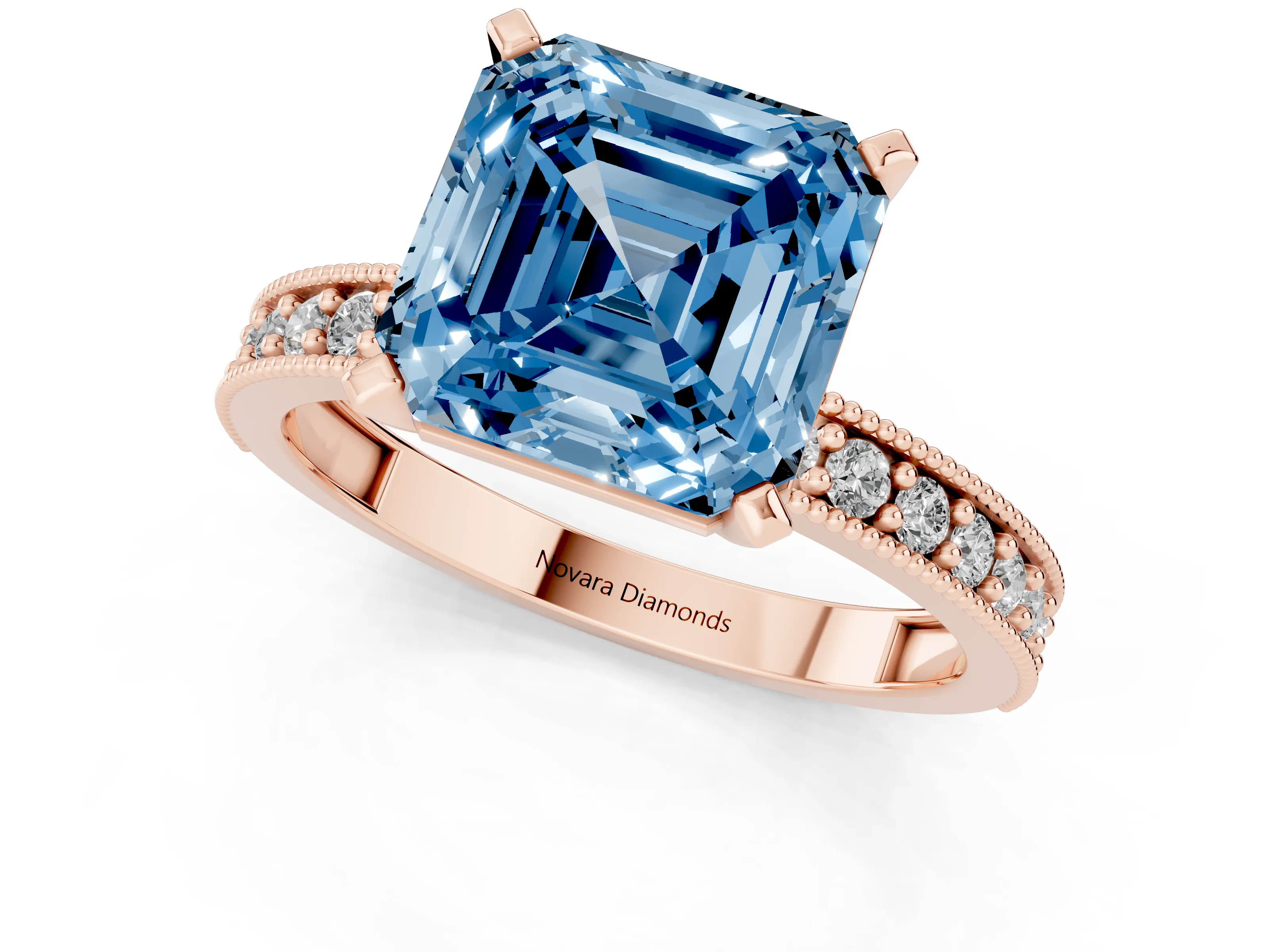 Fancy Blue Asscher Cut Diamond Milgrain Pavé Engagement Ring Set in Rose gold with Prong Setting