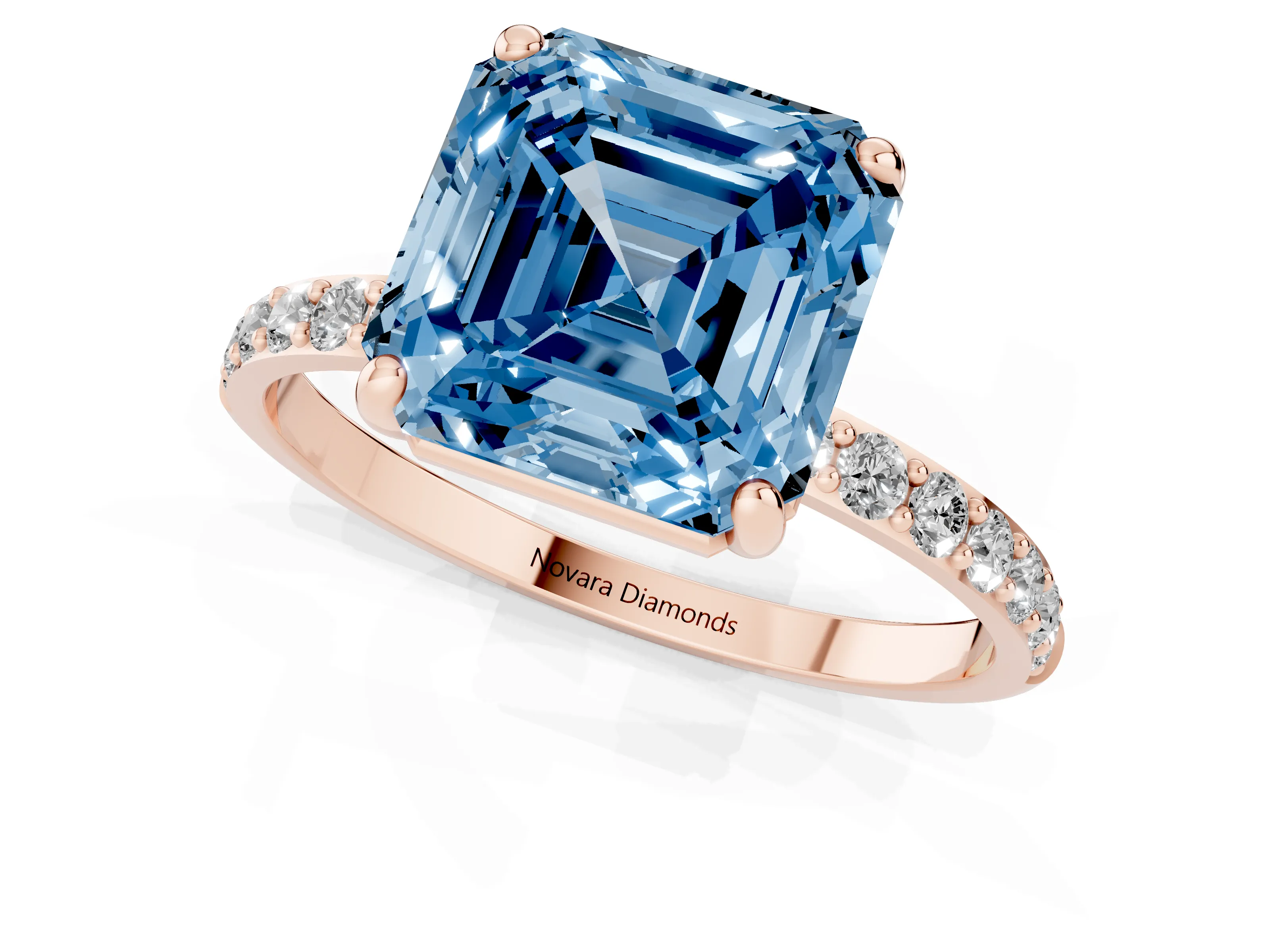 Fancy Blue Asscher Cut Diamond Solitaire Ring Set in Rose gold with Round Pavé Band and Prong Setting
