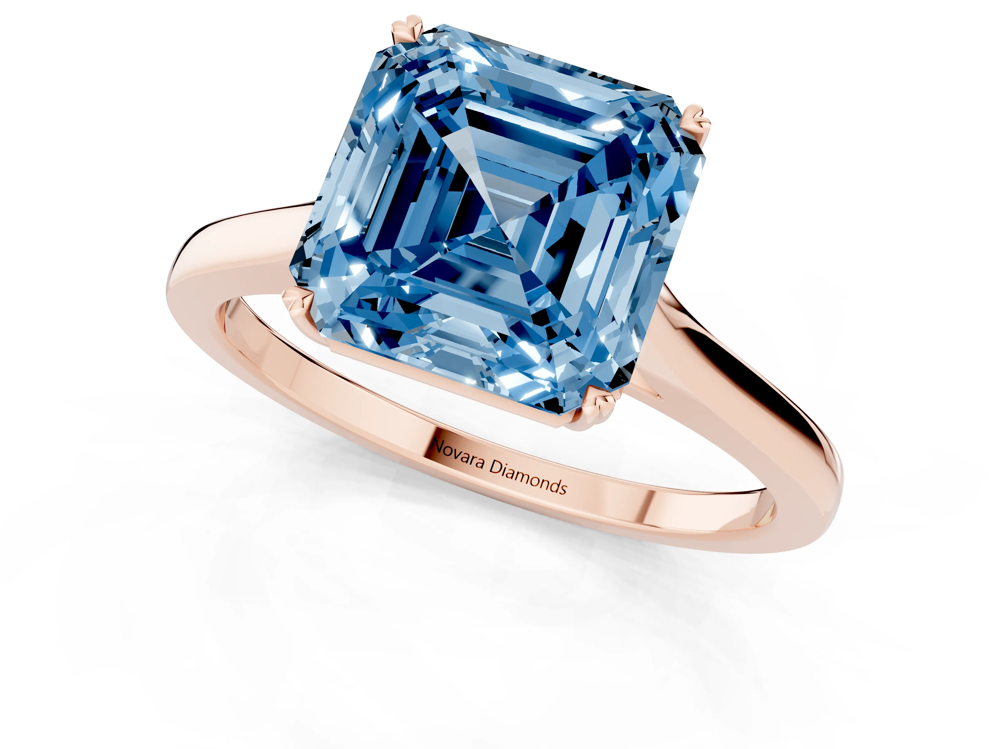 Fancy Blue Asscher Cut Diamond Solitaire Heart Prong Engagement Ring Set in Rose gold with Tapered Band
