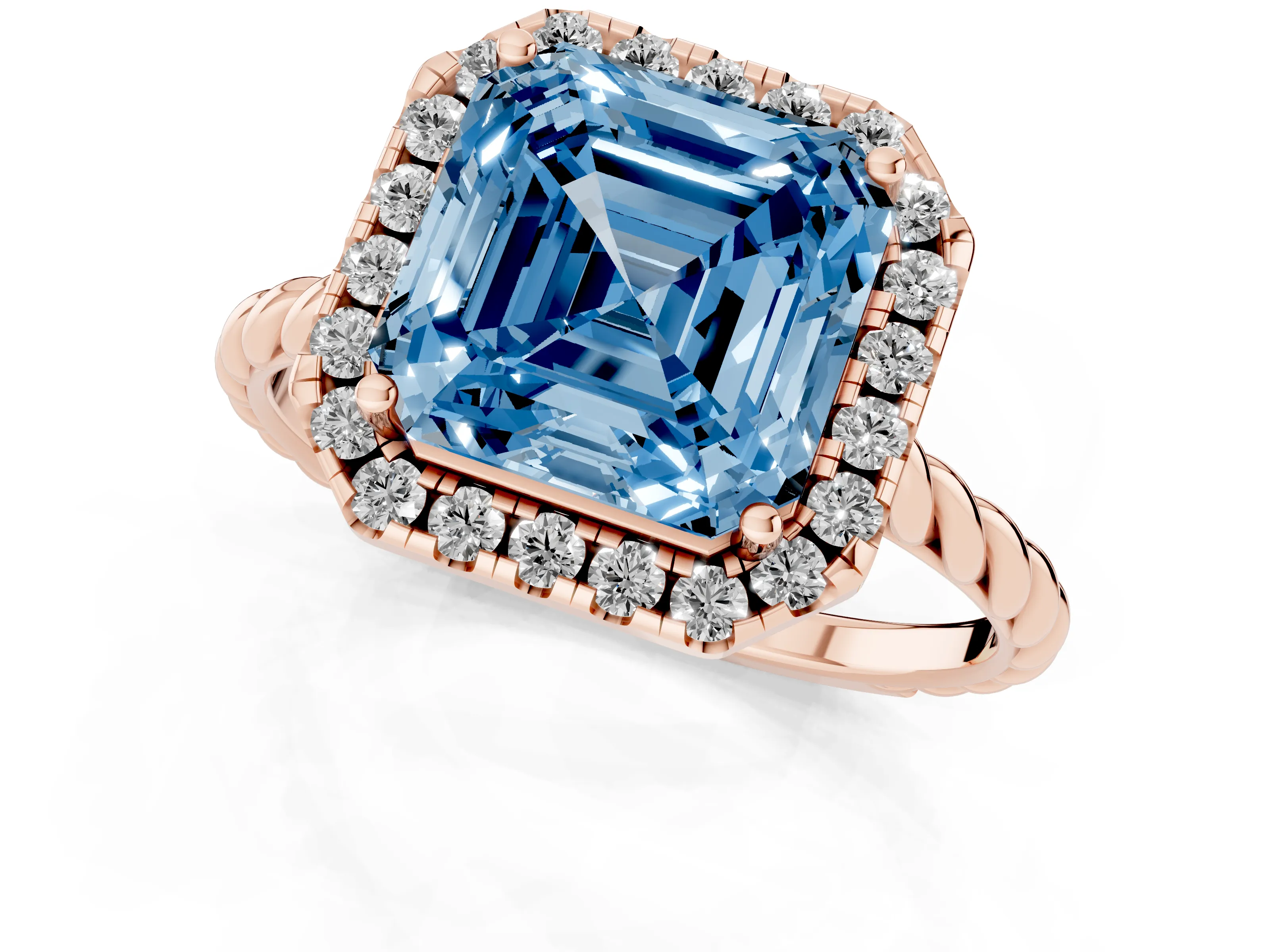 Fancy Blue Asscher Cut Diamond Halo Ring Set in Rose gold with Plain Twisted Band