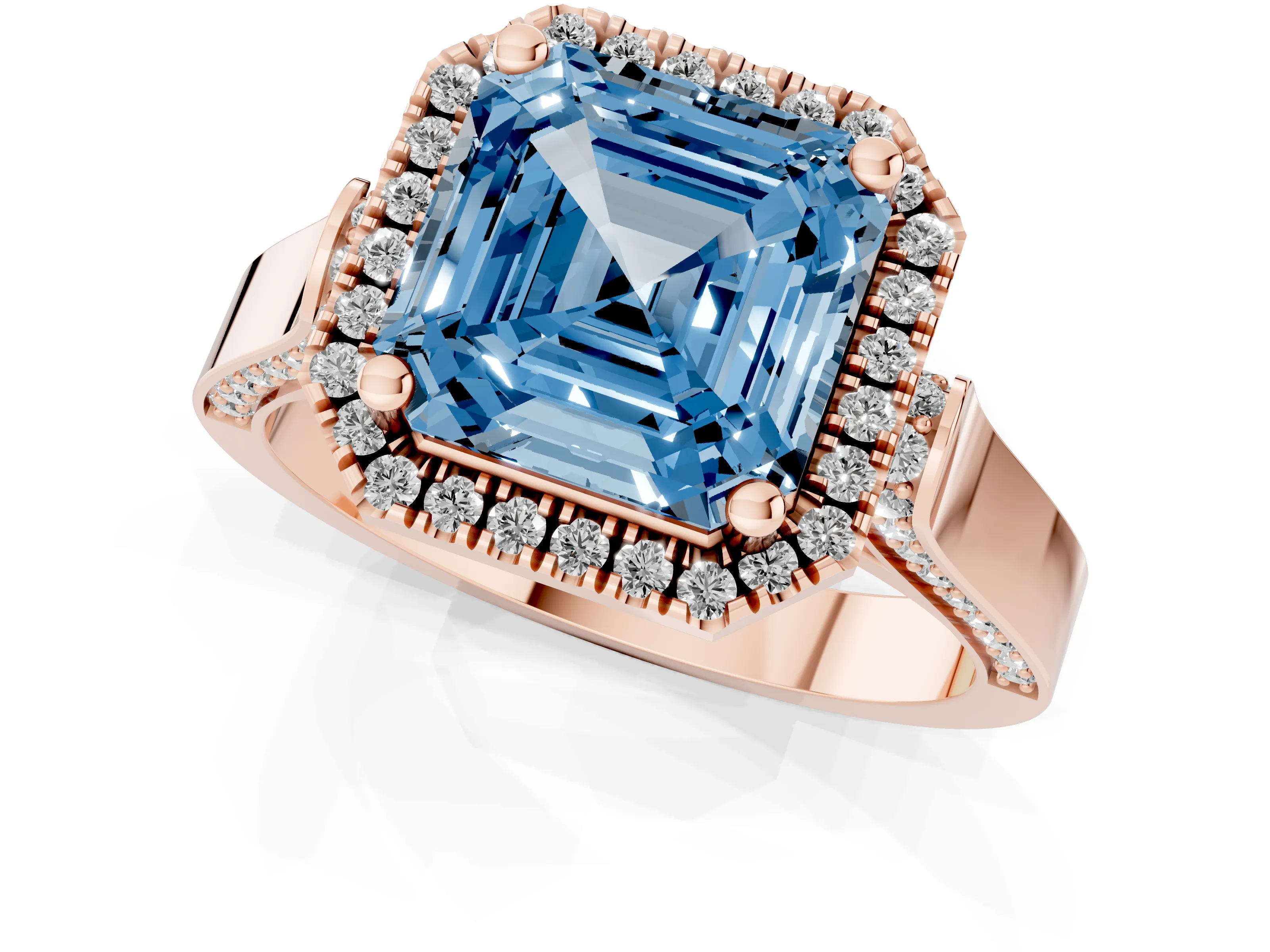 Fancy Blue Asscher Cut Diamond Halo Ring Set in Rose gold with Pavé-Lined Split Shank Band