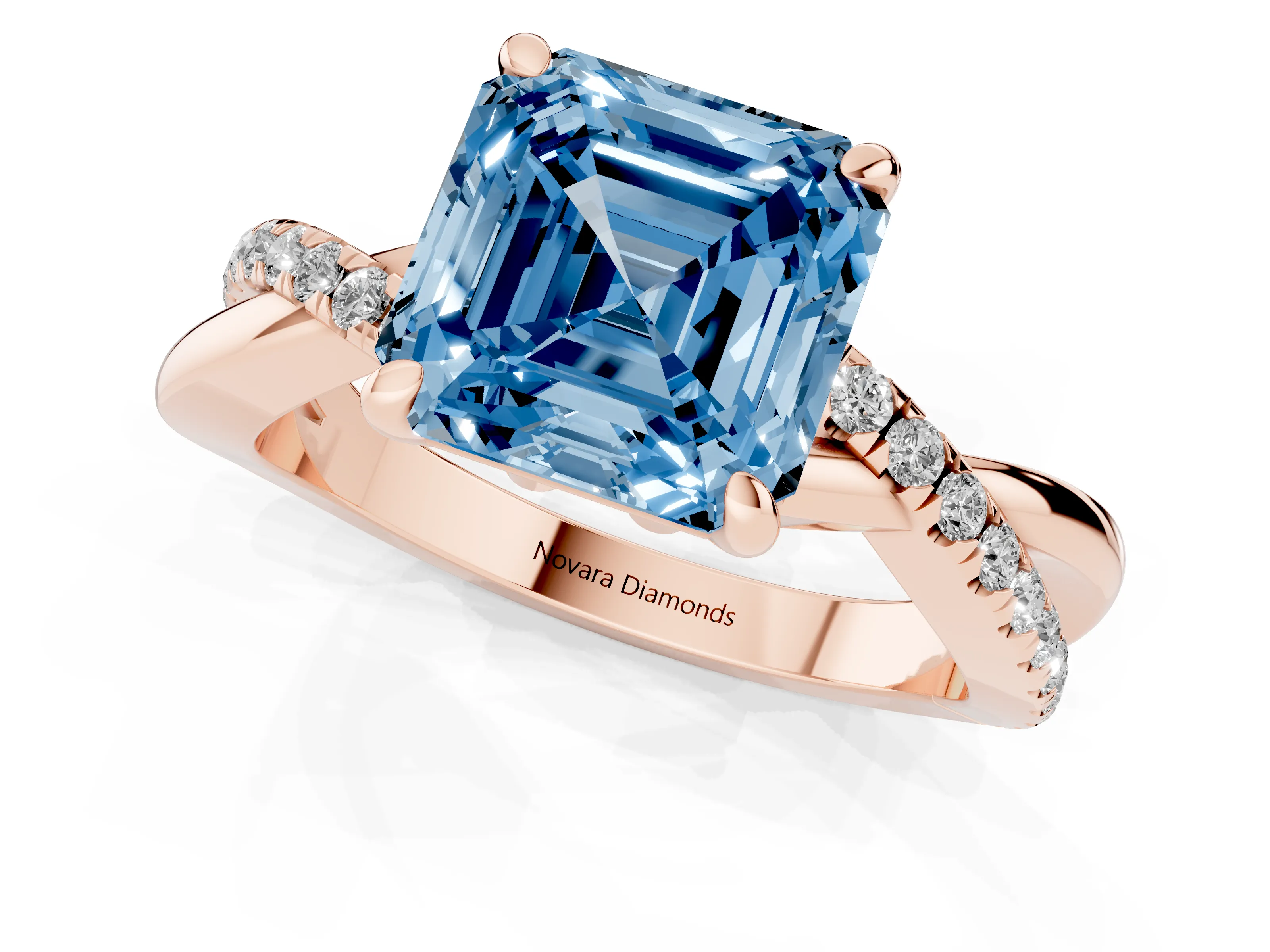 Fancy Blue Asscher Cut Diamond Twist Band Pavé Solitaire Ring Set in Rose gold with Prong Setting
