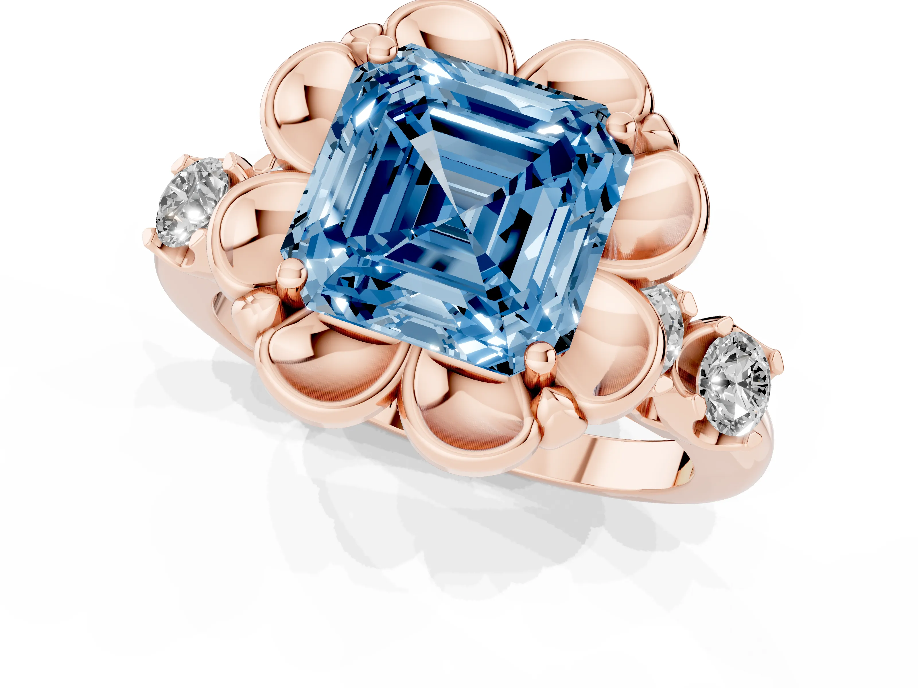 Fancy Blue Asscher Cut Diamond Floral Halo Ring Set in Rose gold with Shared Prong Band