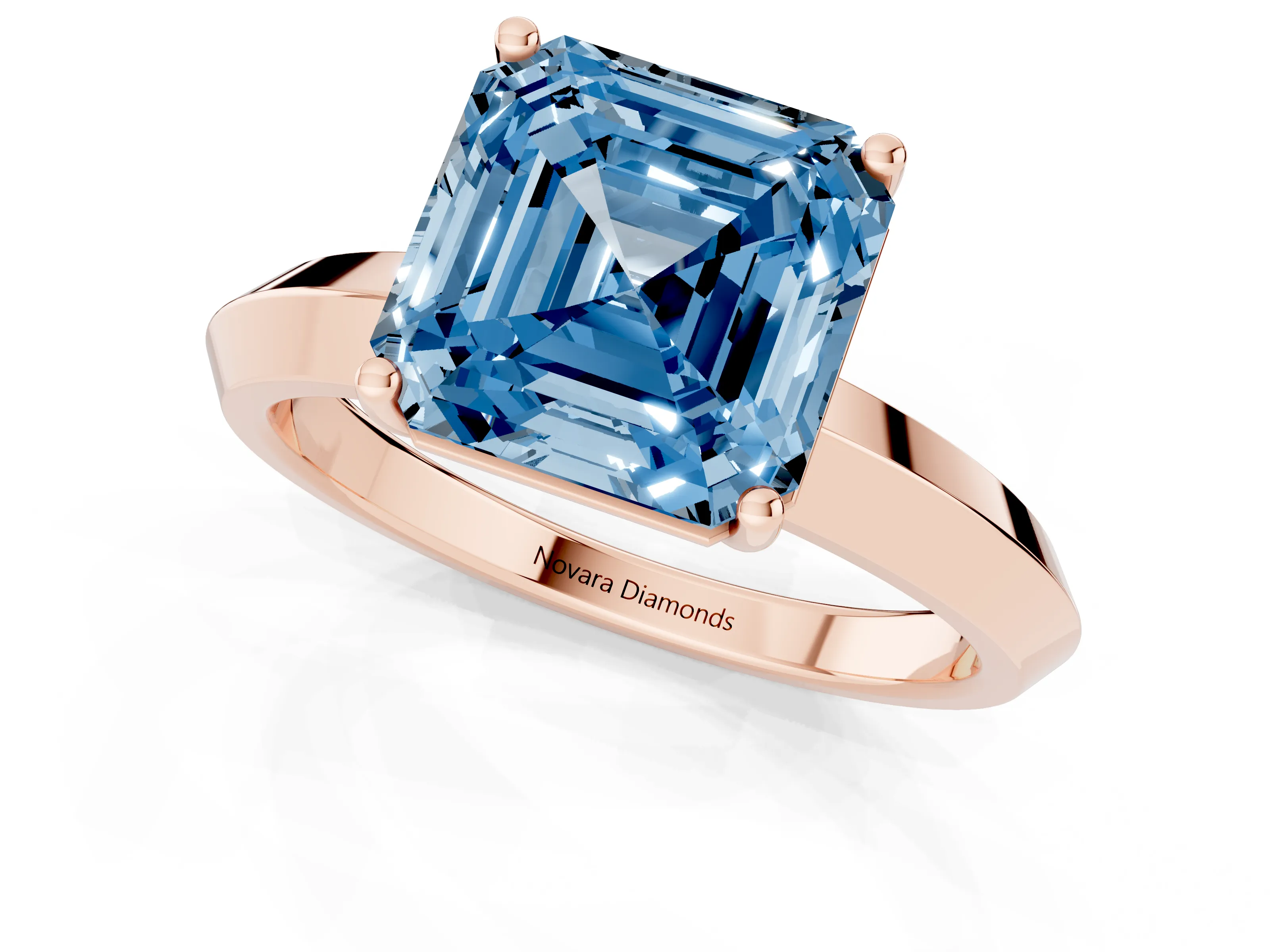 Fancy Blue Asscher Cut Diamond Solitaire Engagement Ring Set in Rose gold with Flat Band and Prong Setting