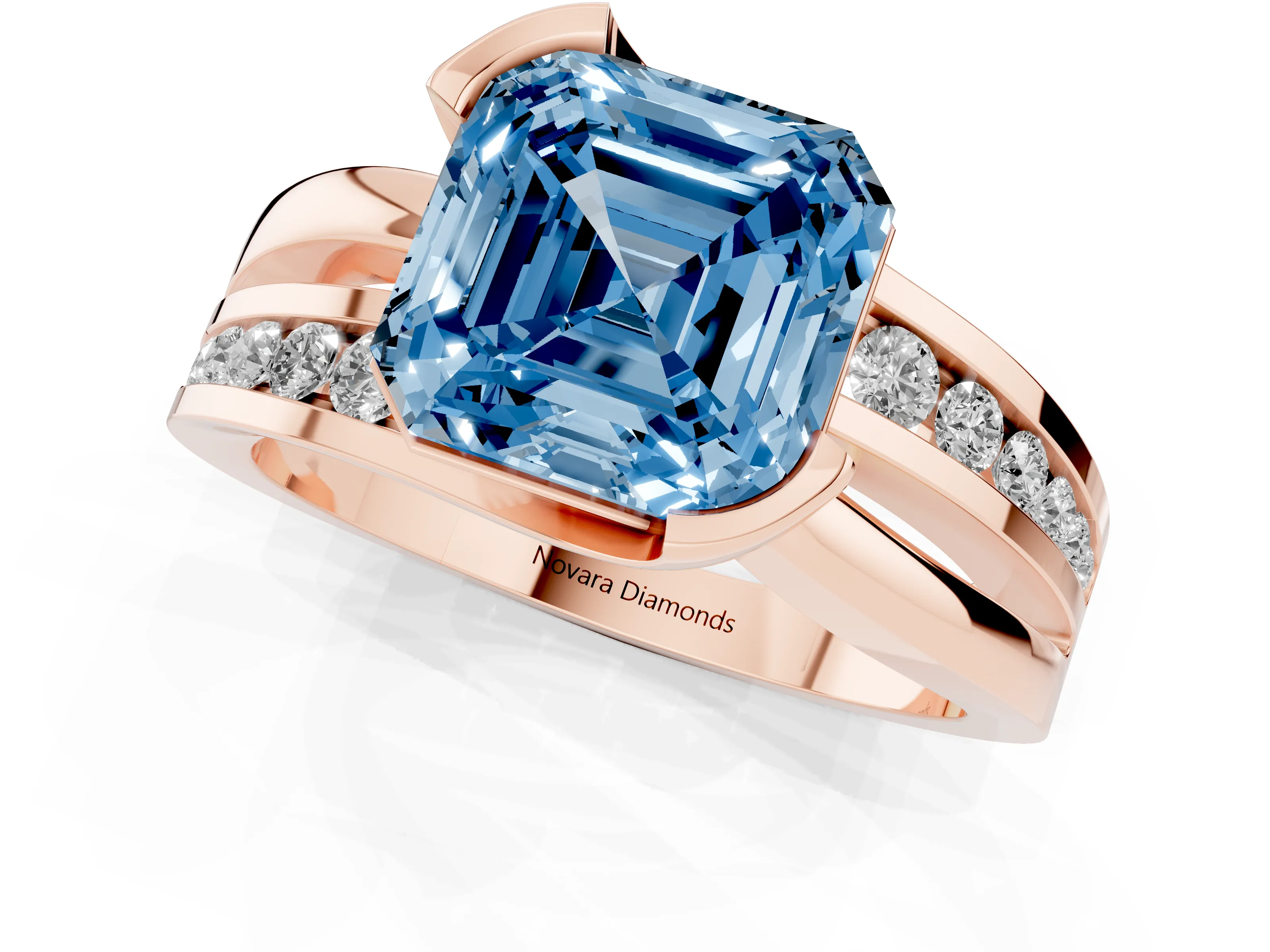 Fancy Blue Asscher Cut Diamond Solitaire Ring Set in Rose gold with Channel Set Split Shank and Tension Prongs