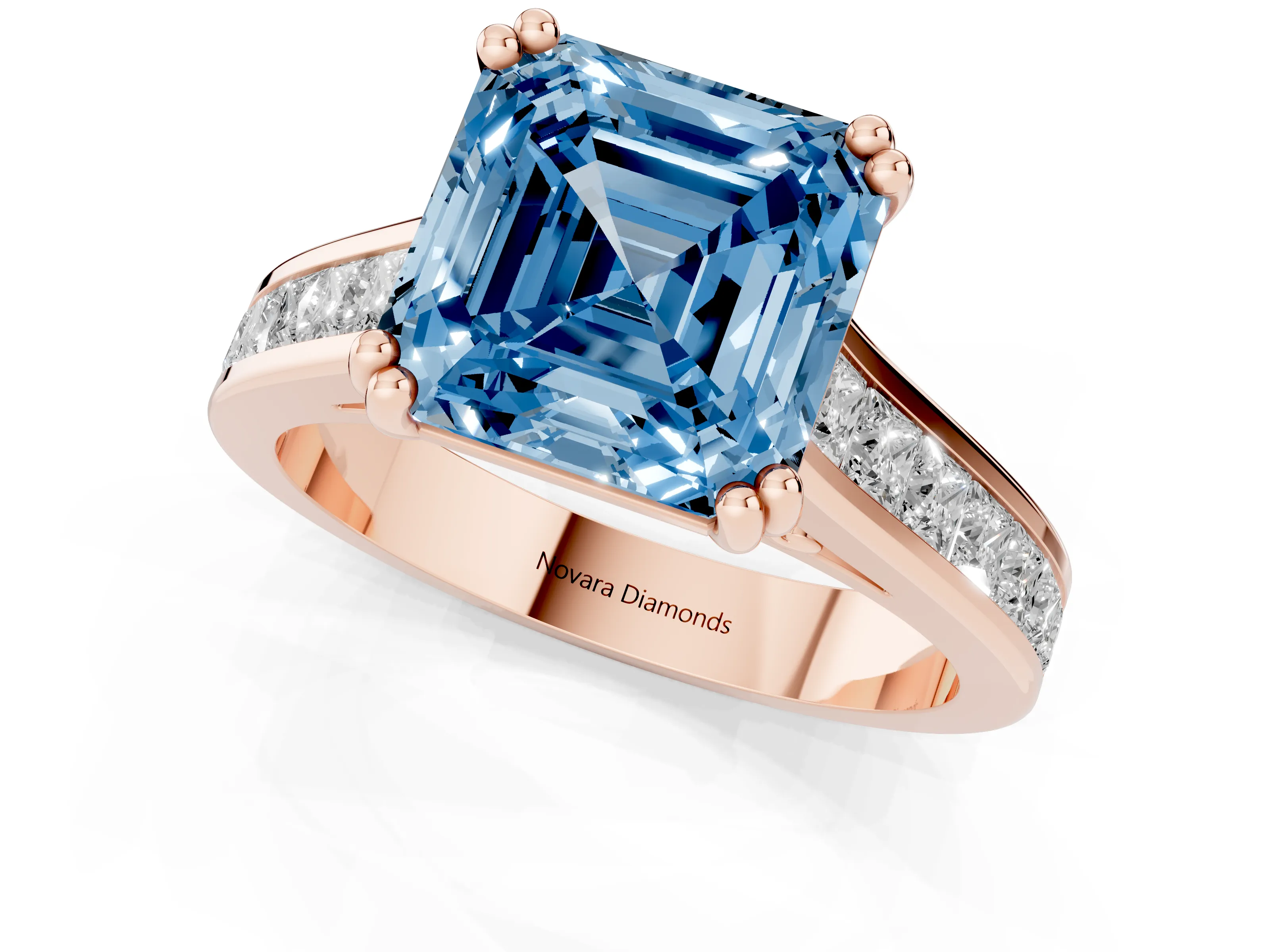 Fancy Blue Asscher Cut Diamond Channel Set Solitaire Engagement Ring Set in Rose gold with Prong Setting