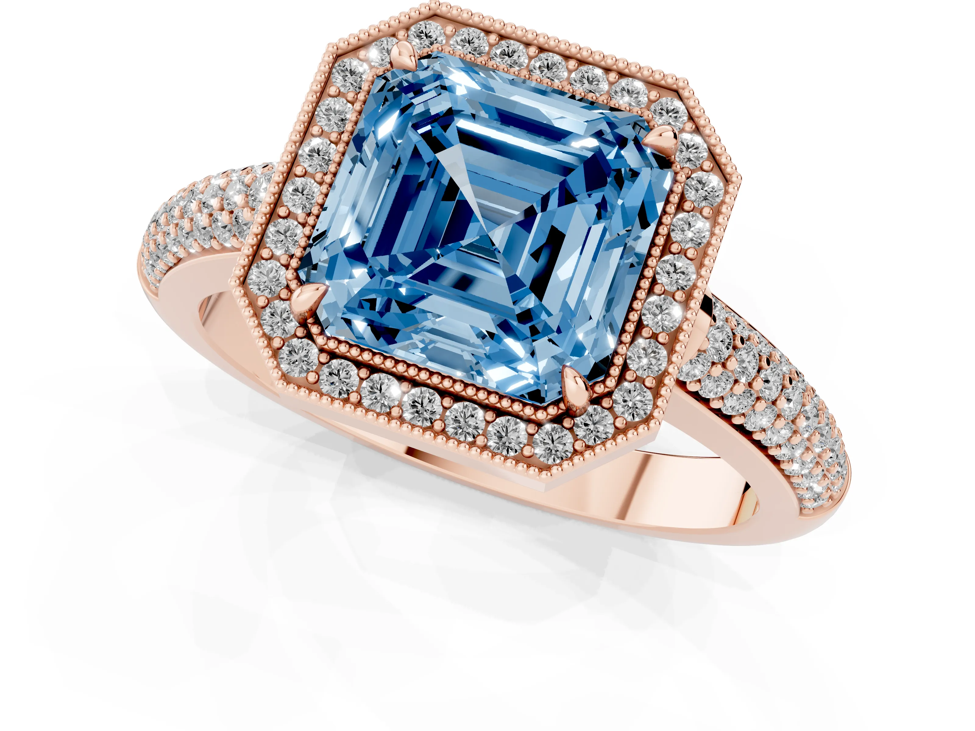 Fancy Blue Asscher Cut Diamond Halo Pavé Band Set in Rose gold with Prong Setting