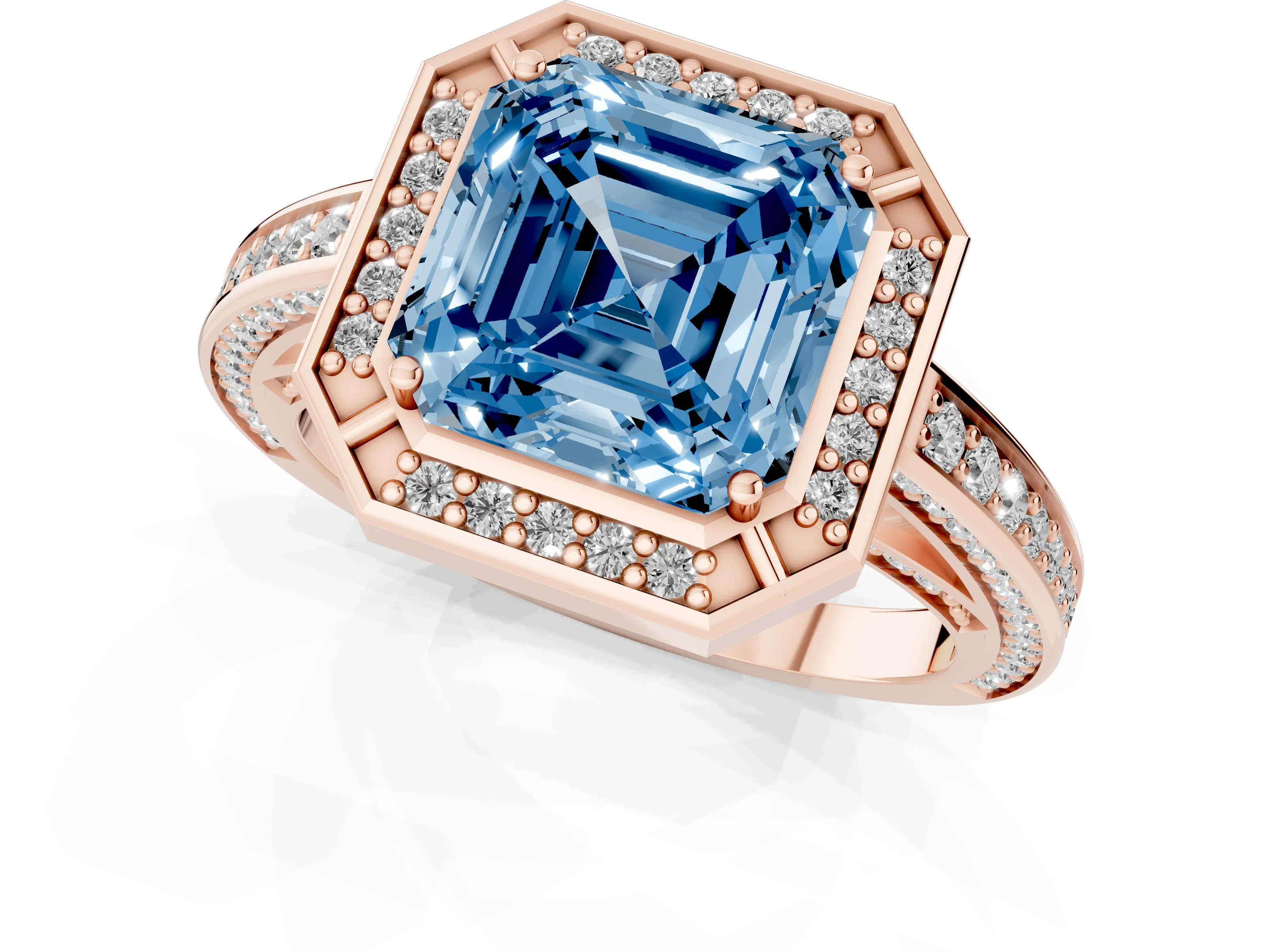 Fancy Blue Asscher Cut Diamond Halo Pavé Split Shank Ring Set in Rose gold with Prong Setting