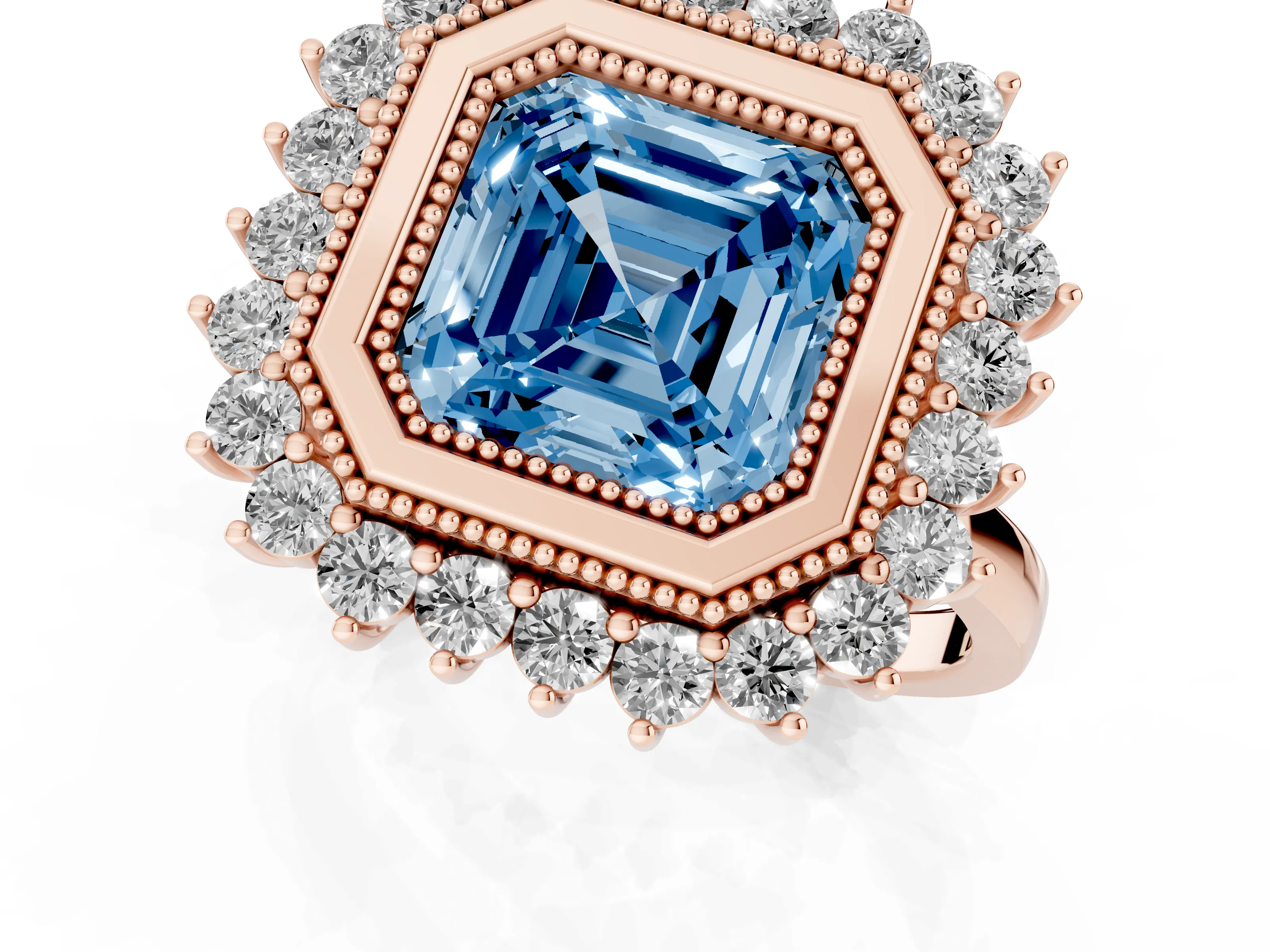 Fancy Blue Asscher Cut Diamond Halo Ring Set in Rose gold with Milgrain Edge and Round Prong Setting