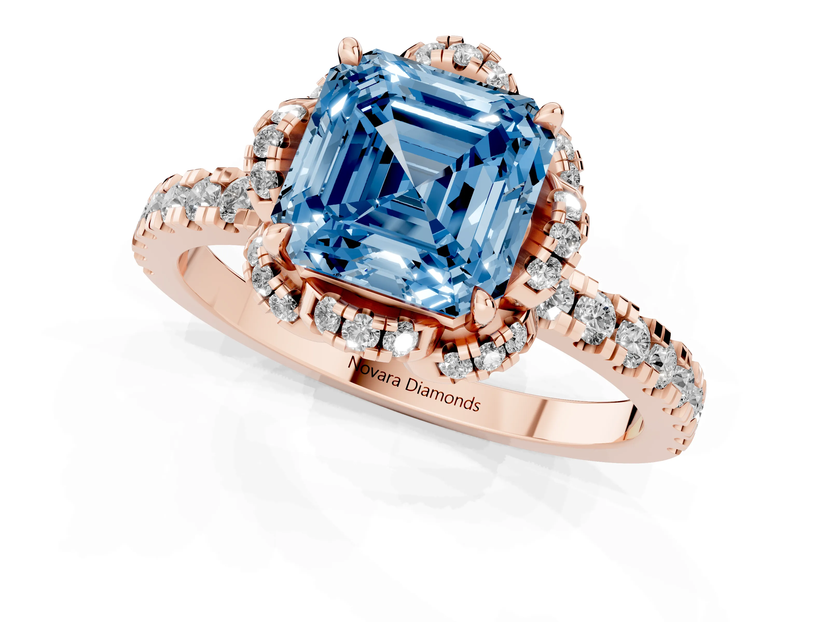 Fancy Blue Asscher Cut Diamond Halo Pavé Ring Set in Rose gold with Prong-Held Center Stone