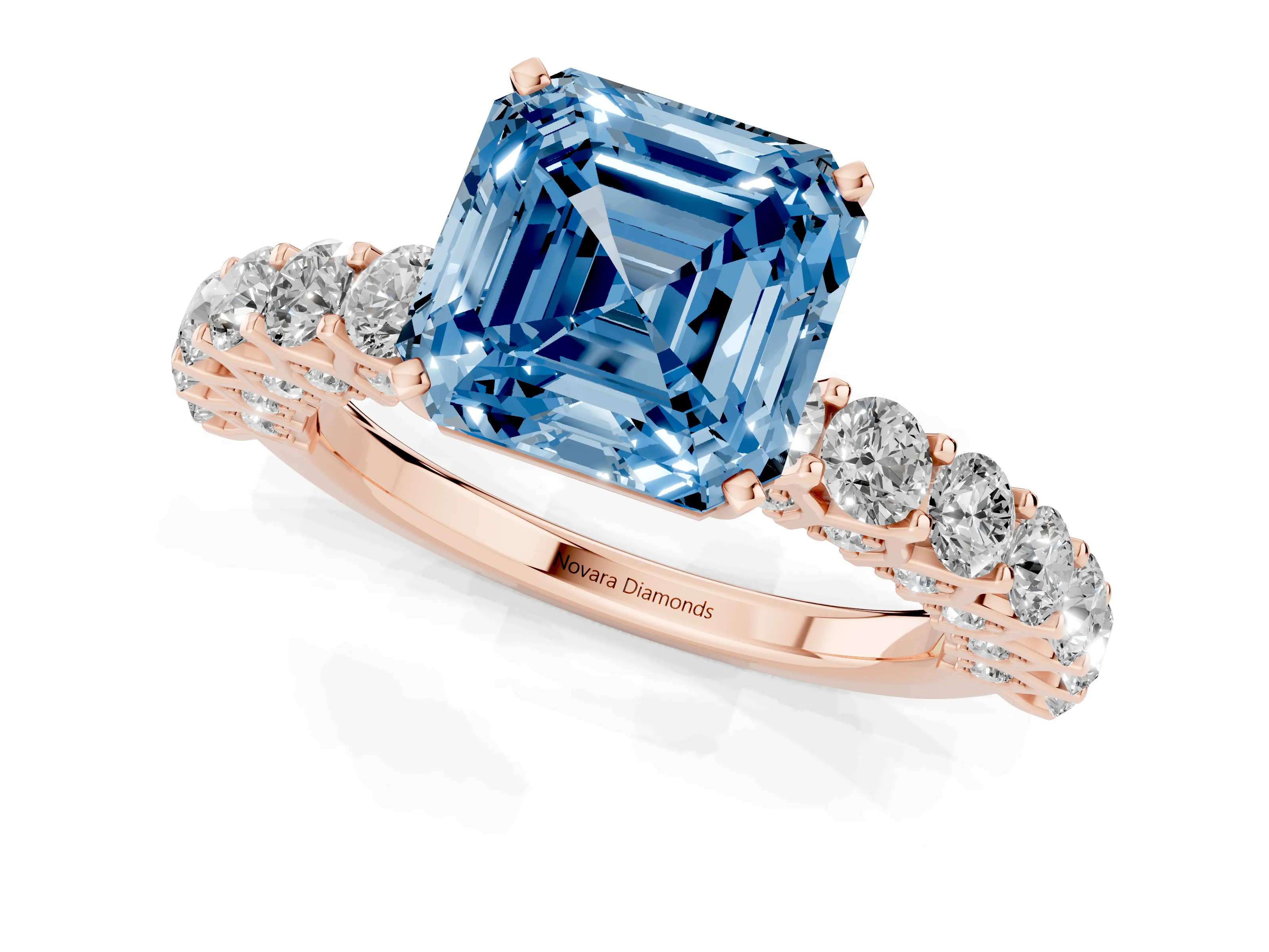 Fancy Blue Asscher Cut Diamond Solitaire Ring Set in Rose gold with Shared Prong Pavé Band