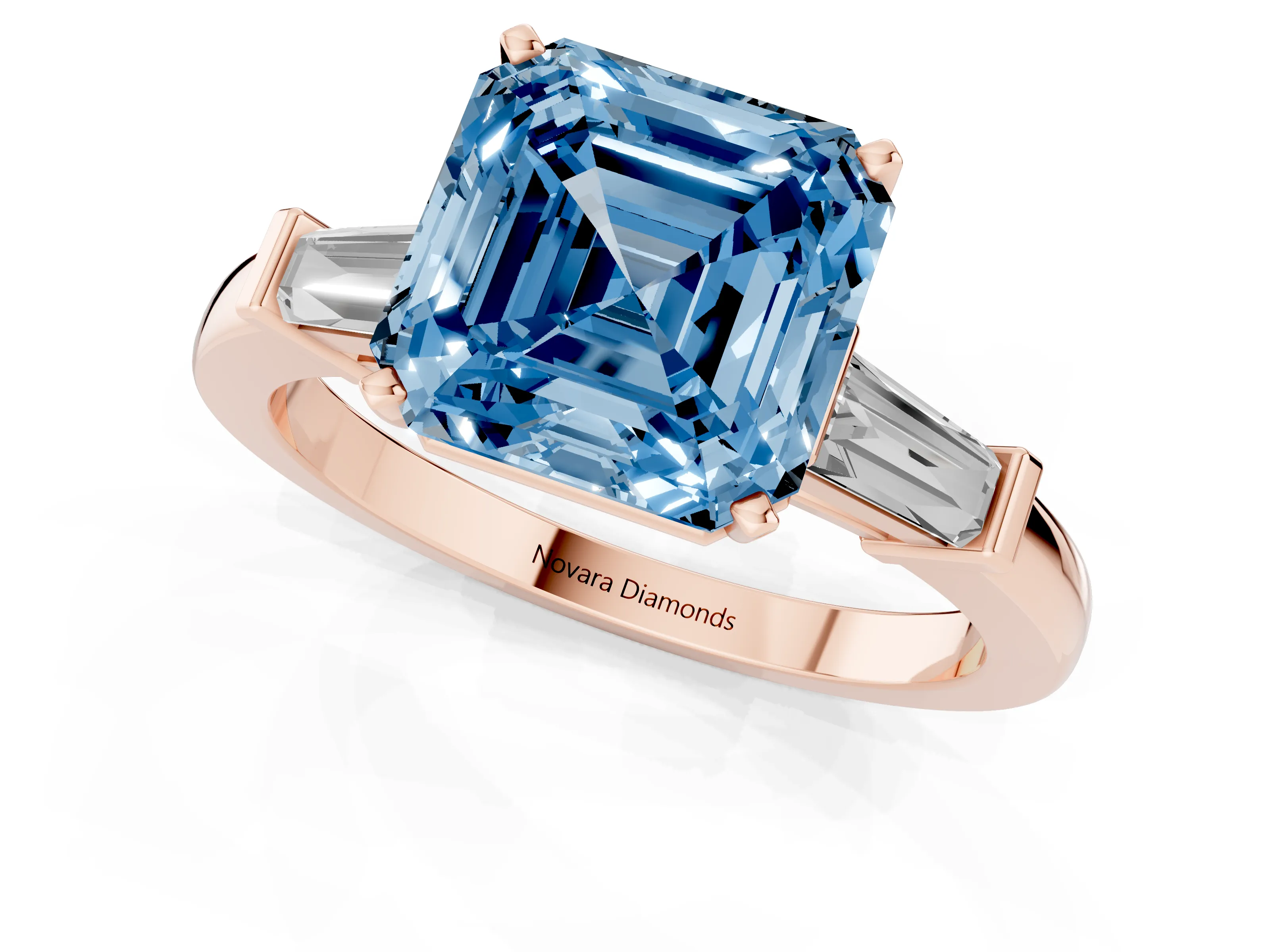 Fancy Blue Asscher Cut Diamond Solitaire Ring Set in Rose gold with Tapered Baguette Accents and Prong Setting