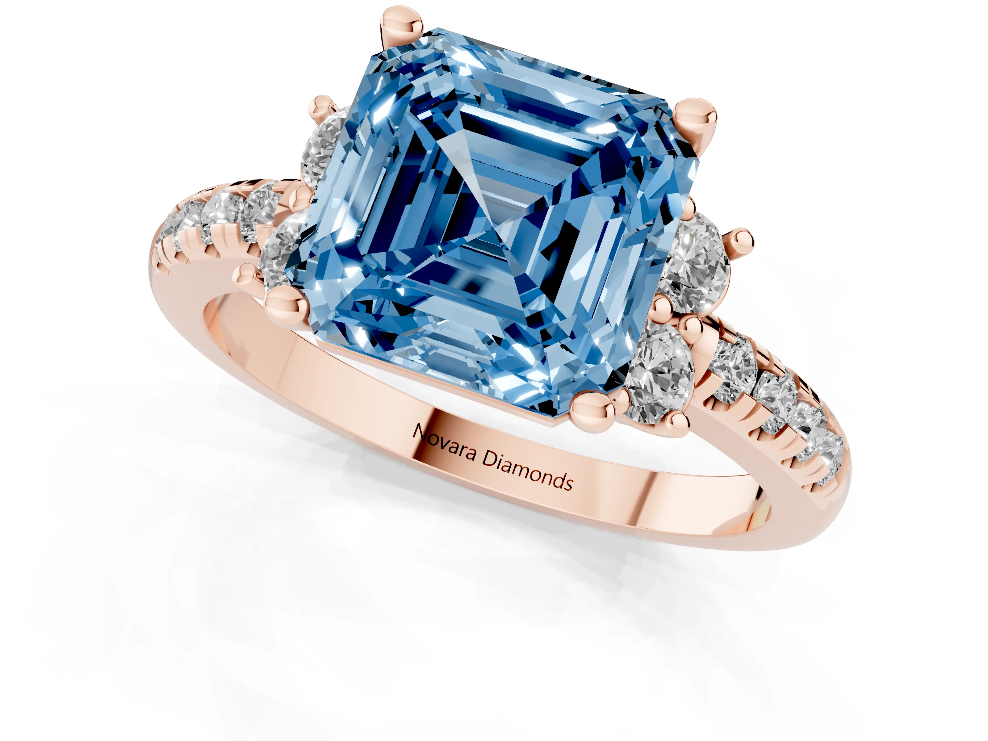 Fancy Blue Asscher Cut Diamond Three-Stone Pavé Ring Set in Rose gold with Prong Setting