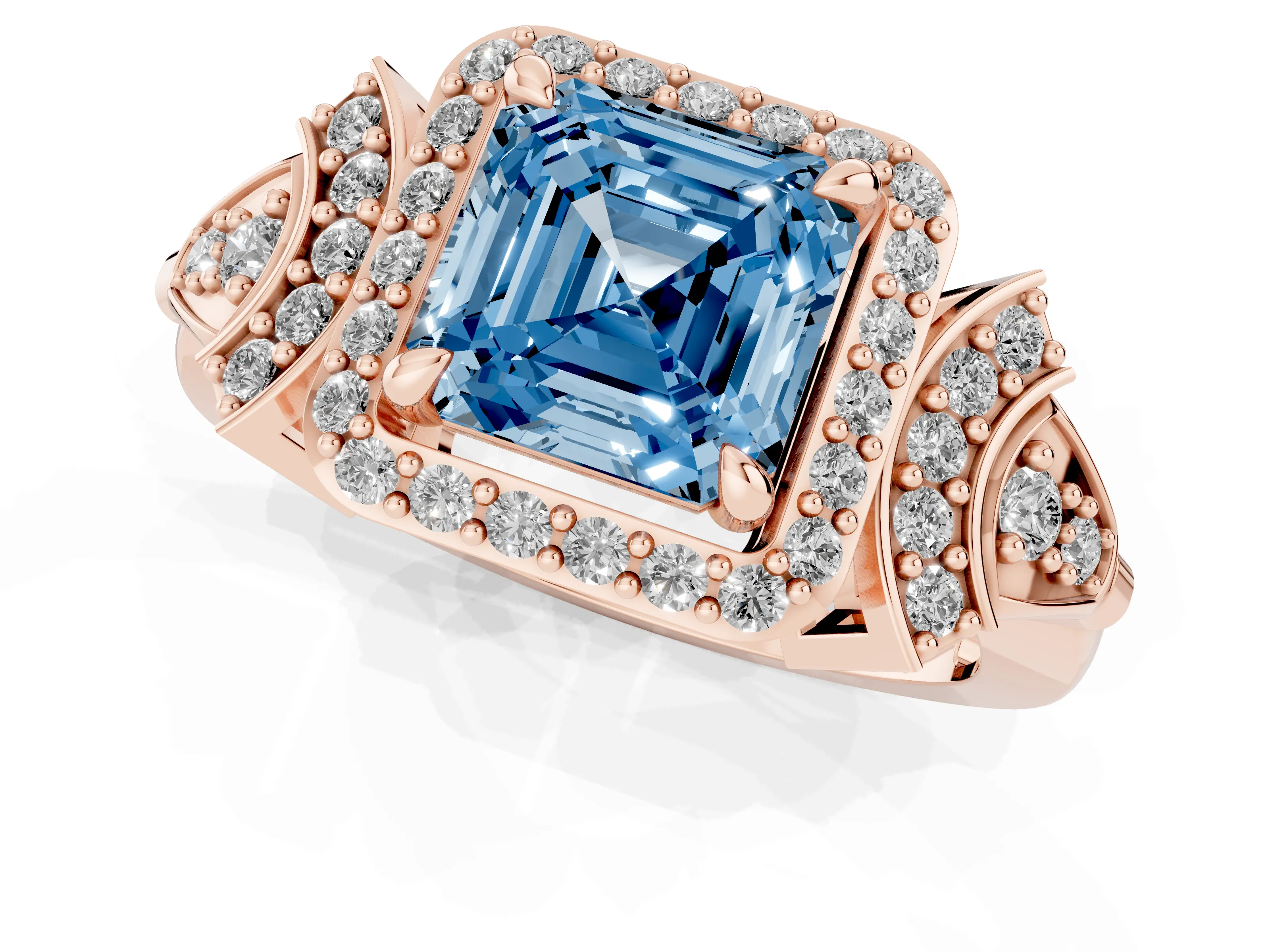 Fancy Blue Asscher Cut Diamond Halo Engagement Ring Set in Rose gold with Accent Stone Split Shank