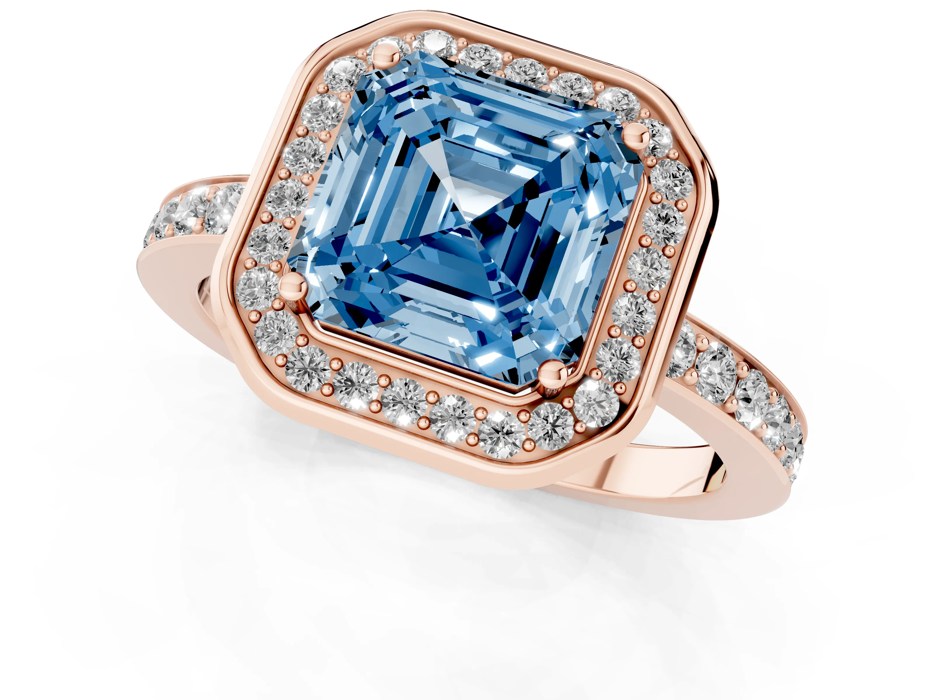 Fancy Blue Asscher Cut Diamond Halo Ring Set in Rose gold with Bezel Frame and Pavé Band