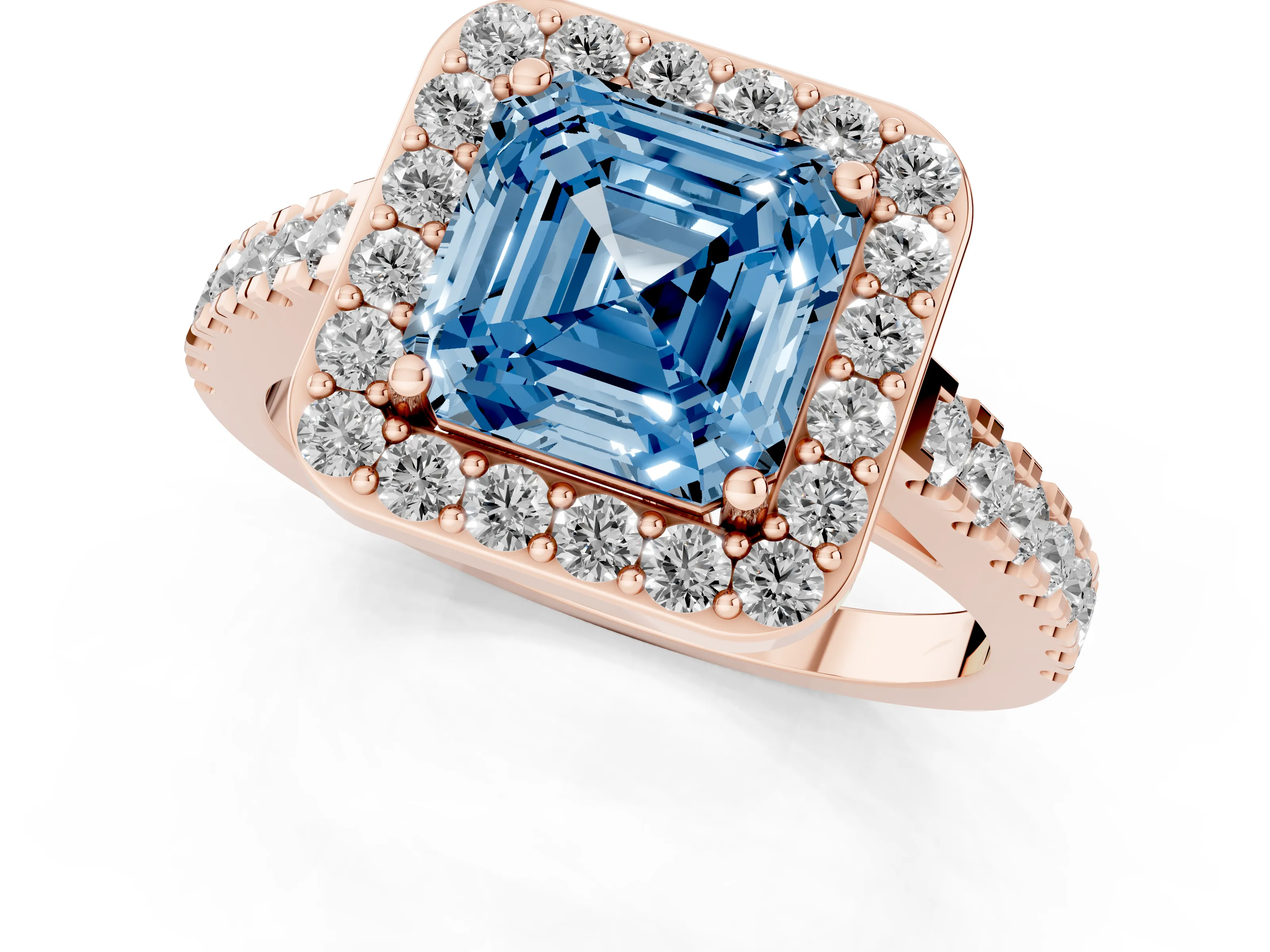 Fancy Blue Asscher Cut Diamond Halo Ring Set in Rose gold with Round Pavé Split Shank and Prong Setting
