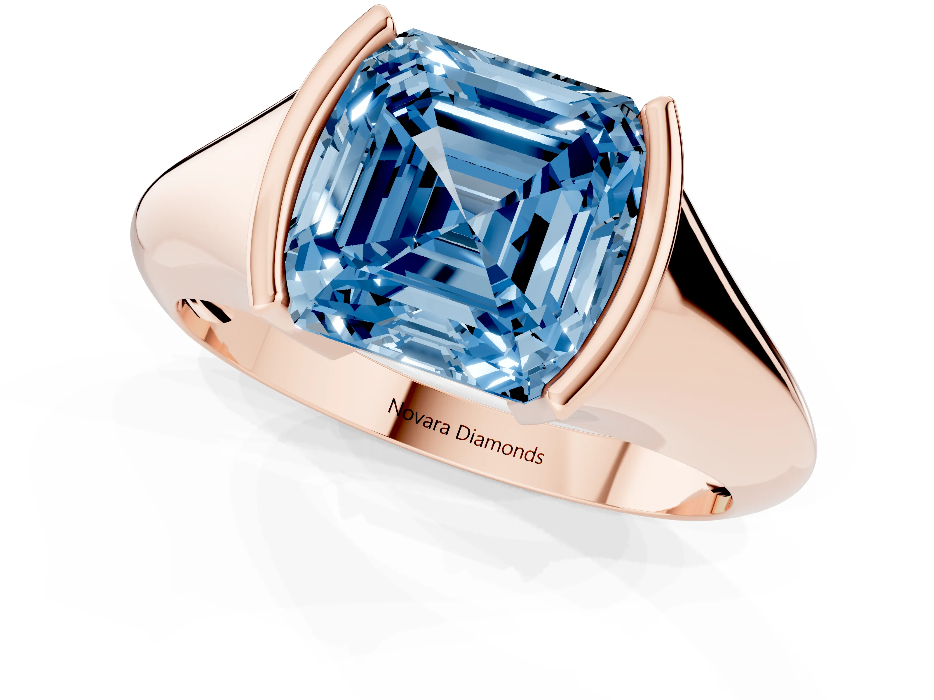Fancy Blue Asscher Cut Diamond Solitaire Tension Set Ring Set in Rose gold