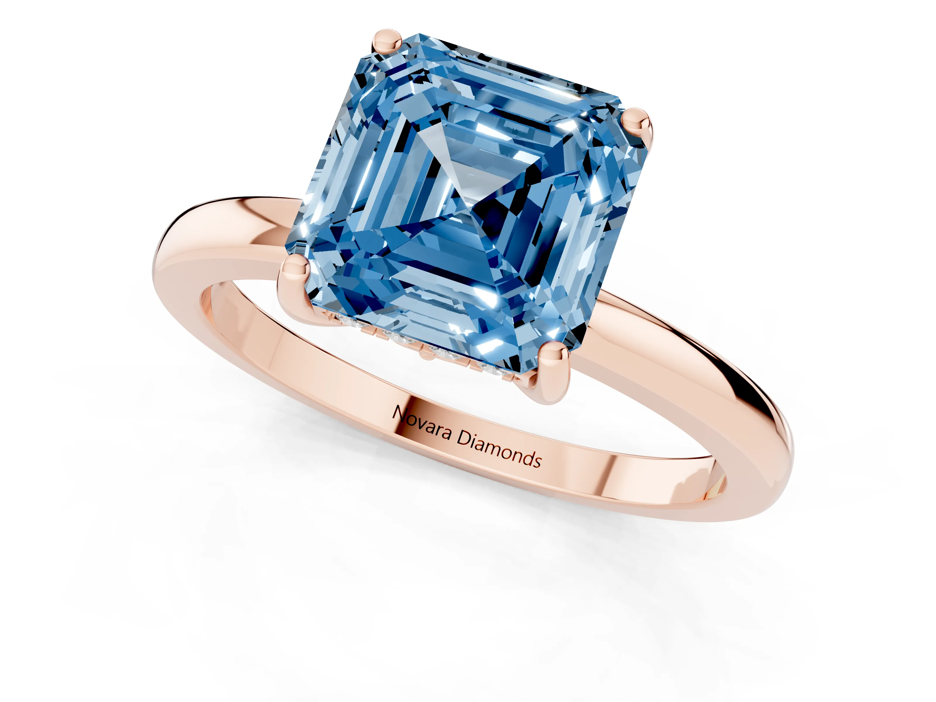 Fancy Blue Asscher Cut Diamond Solitaire Ring Set in Rose gold with Plain Band and Prong Setting