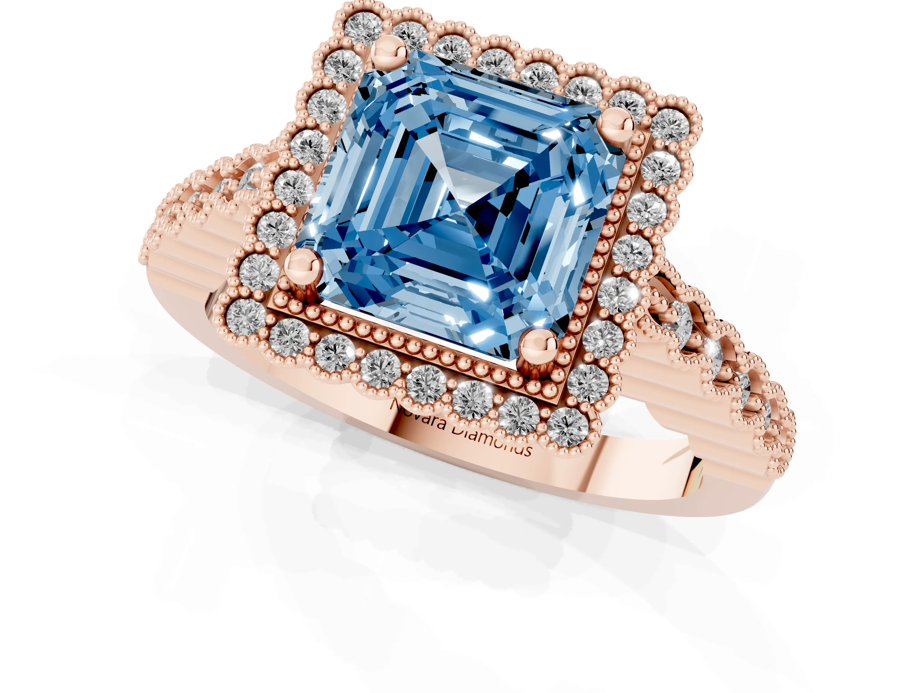 Fancy Blue Asscher Cut Diamond Halo Ring Set in Rose gold with Pavé Milgrain Band
