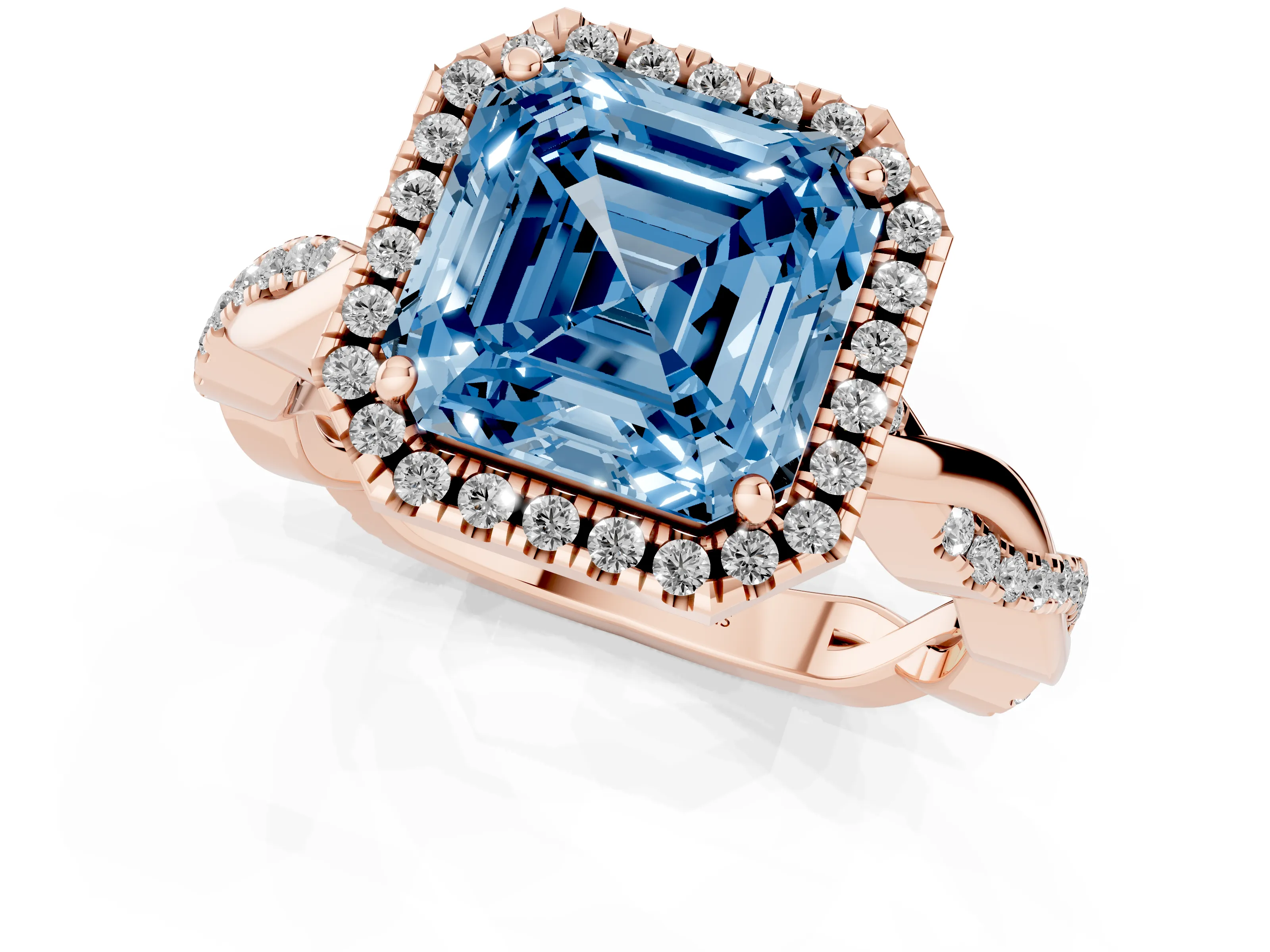 Fancy Blue Asscher Cut Diamond Halo Twisted Band Ring Set in Rose gold with Prong Setting