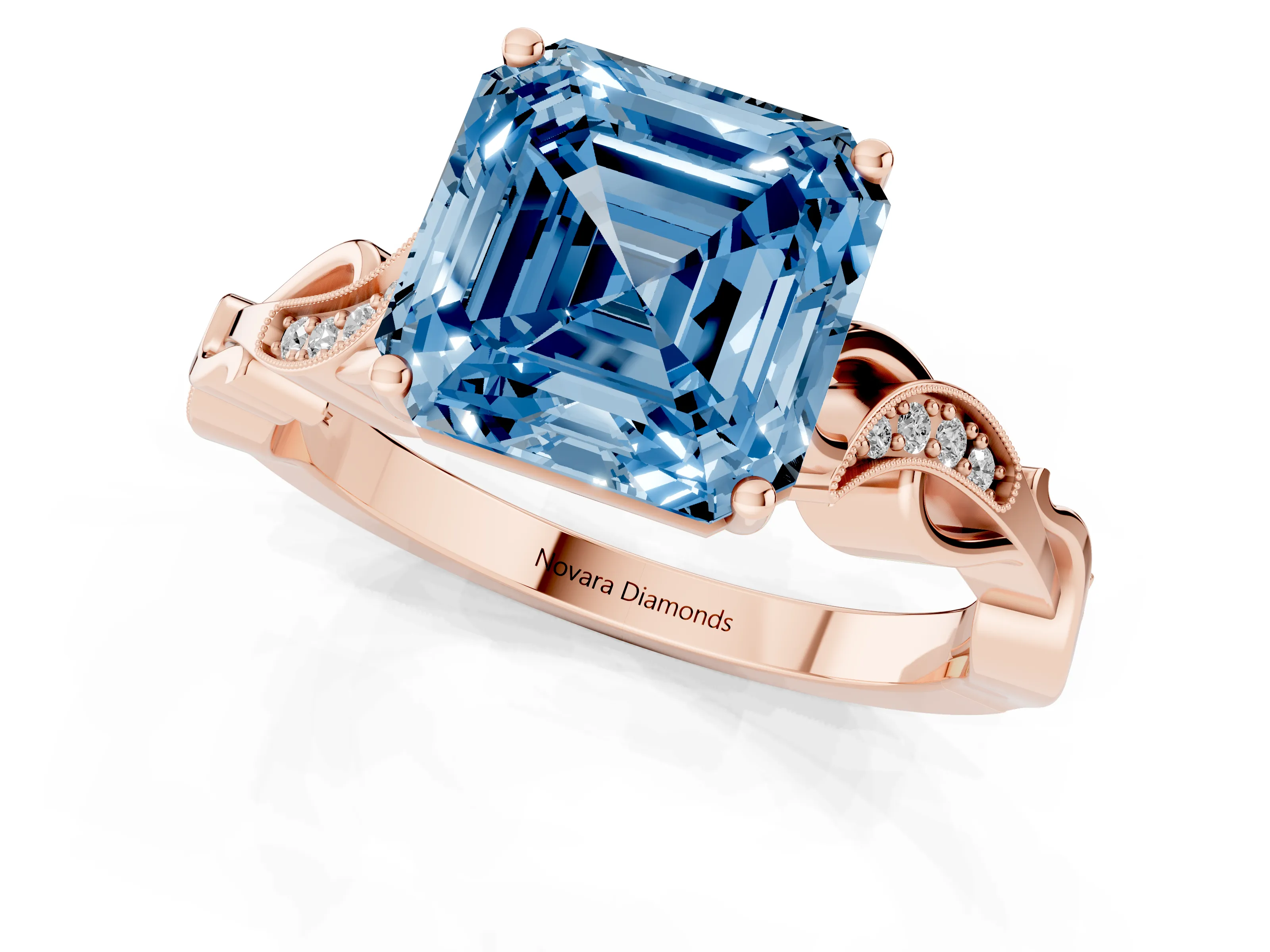 Fancy Blue Asscher Cut Diamond Vine Band Solitaire Ring Set in Rose gold with Milgrain Prong Setting