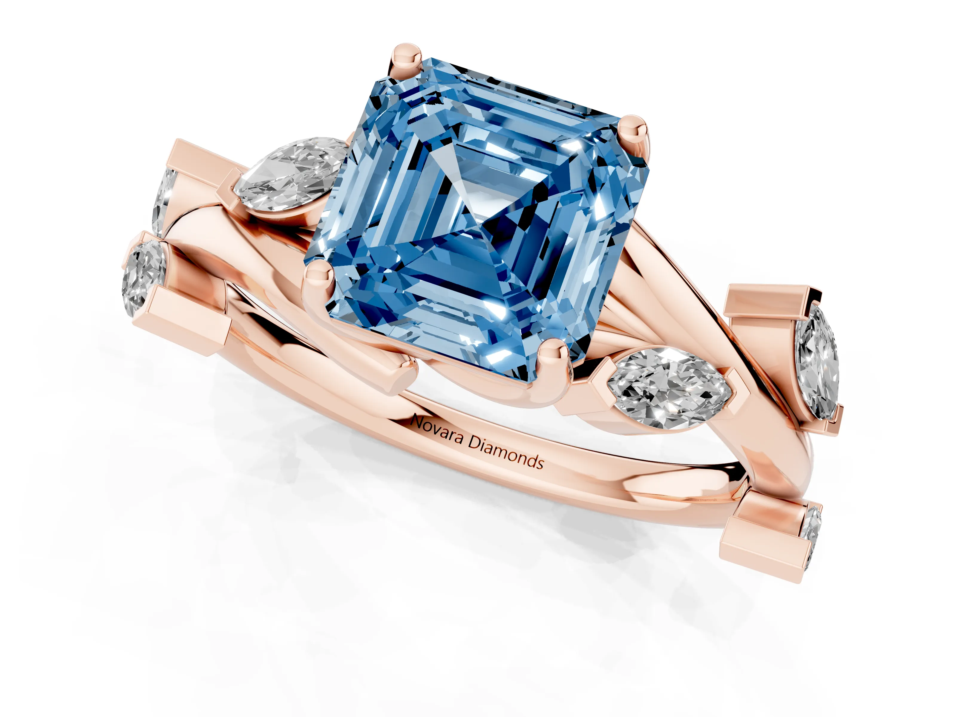 Fancy Blue Asscher Cut Diamond Solitaire Ring Set in Rose gold with Twisted Marquise Accent Band