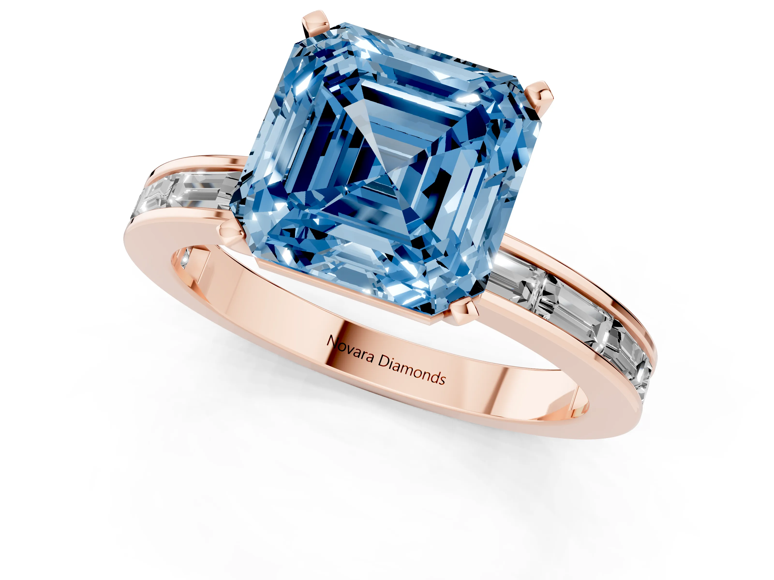 Fancy Blue Asscher Cut Diamond Solitaire Ring Set in Rose gold with Channel-Set Baguette Band and Prong Setting