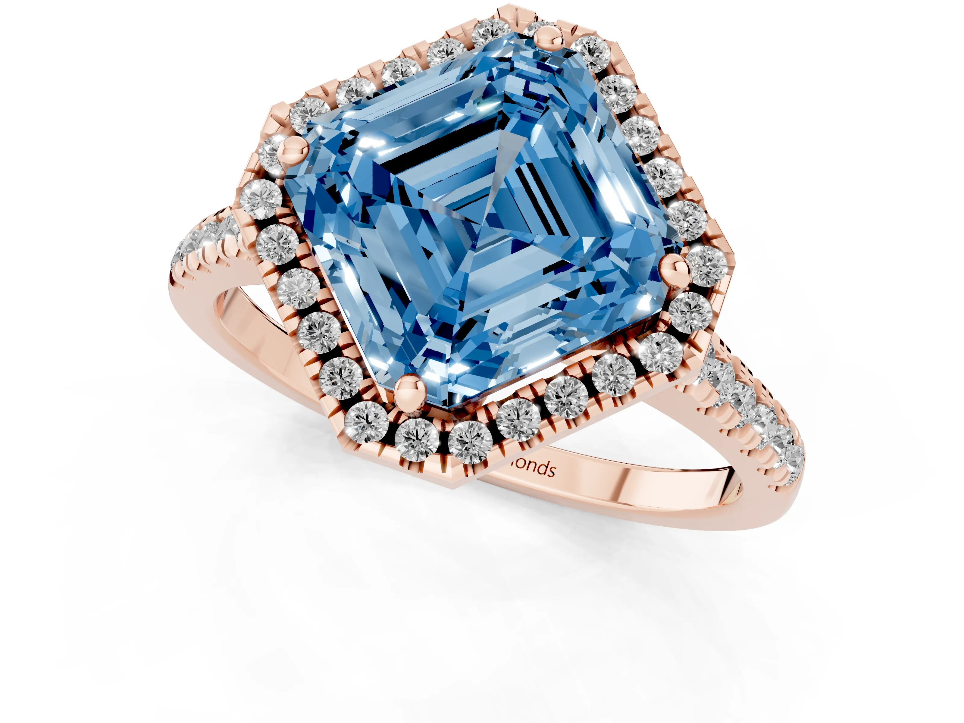Fancy Blue Asscher Cut Diamond Cushion Halo Ring Set in Rose gold with Pavé Band