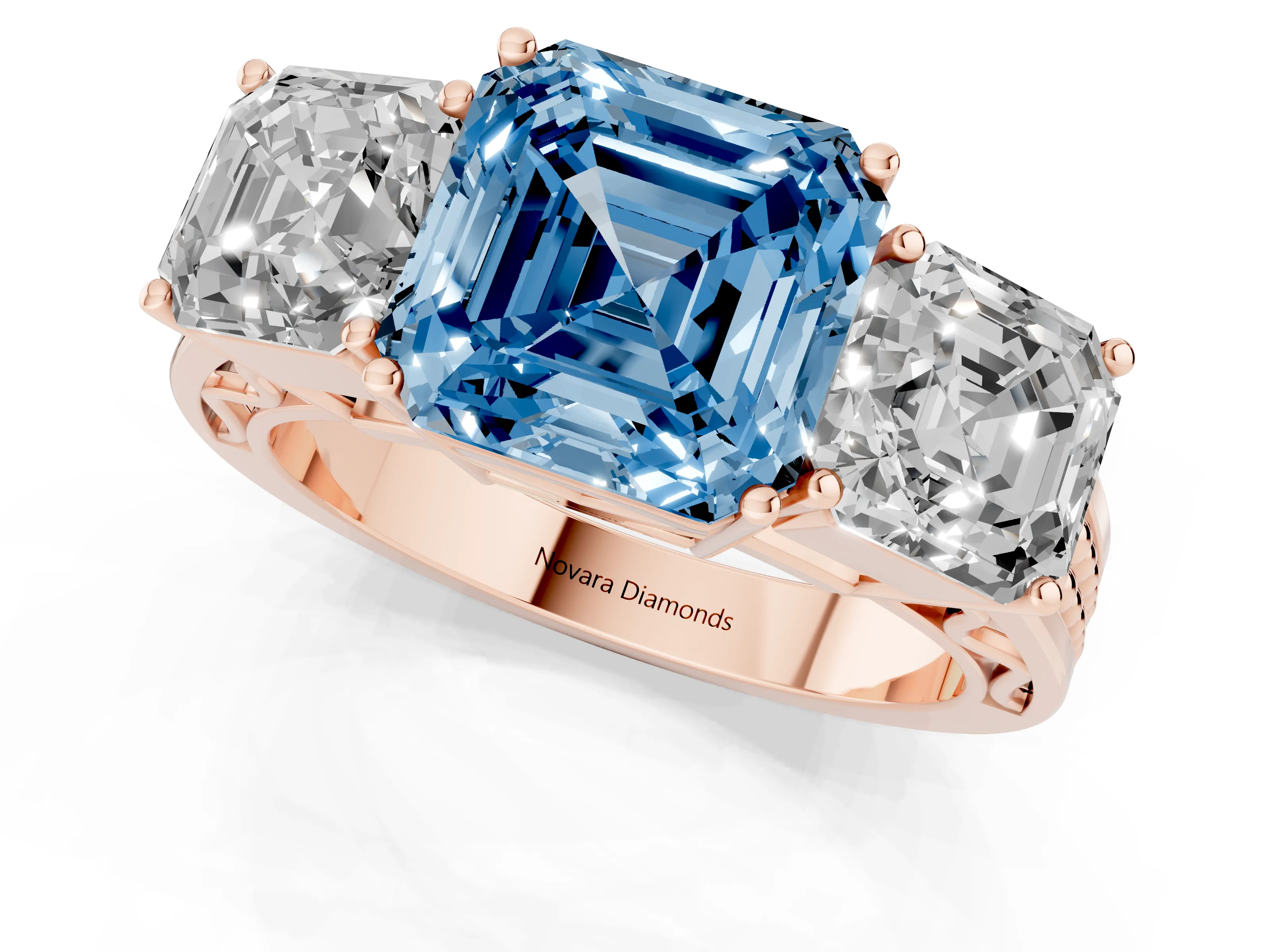 Fancy Blue Asscher Cut Diamond Three-Stone Ring Set in Rose gold with Textured Band