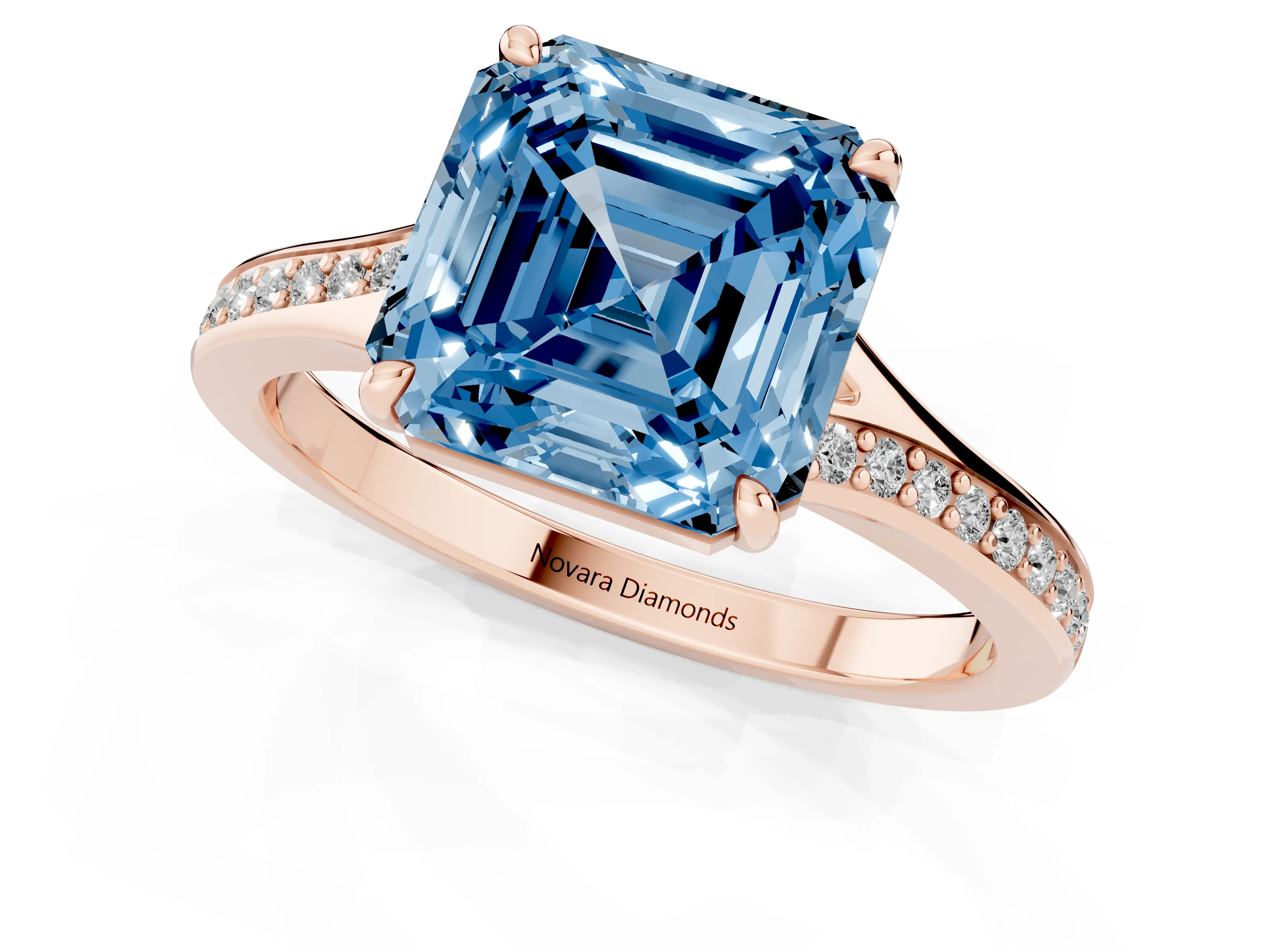 Fancy Blue Asscher Cut Diamond Solitaire Ring Set in Rose gold with Pavé Accent Band and Classic Prong Setting