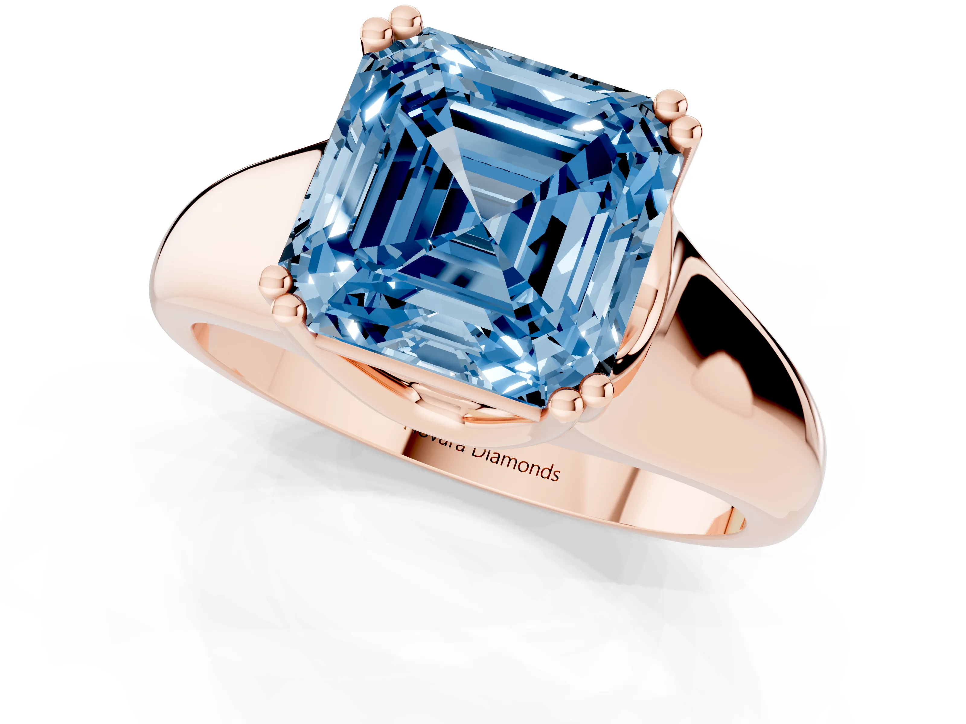 Fancy Blue Asscher Cut Diamond Solitaire Ring Set in Rose gold with Wide Band and Prong Setting