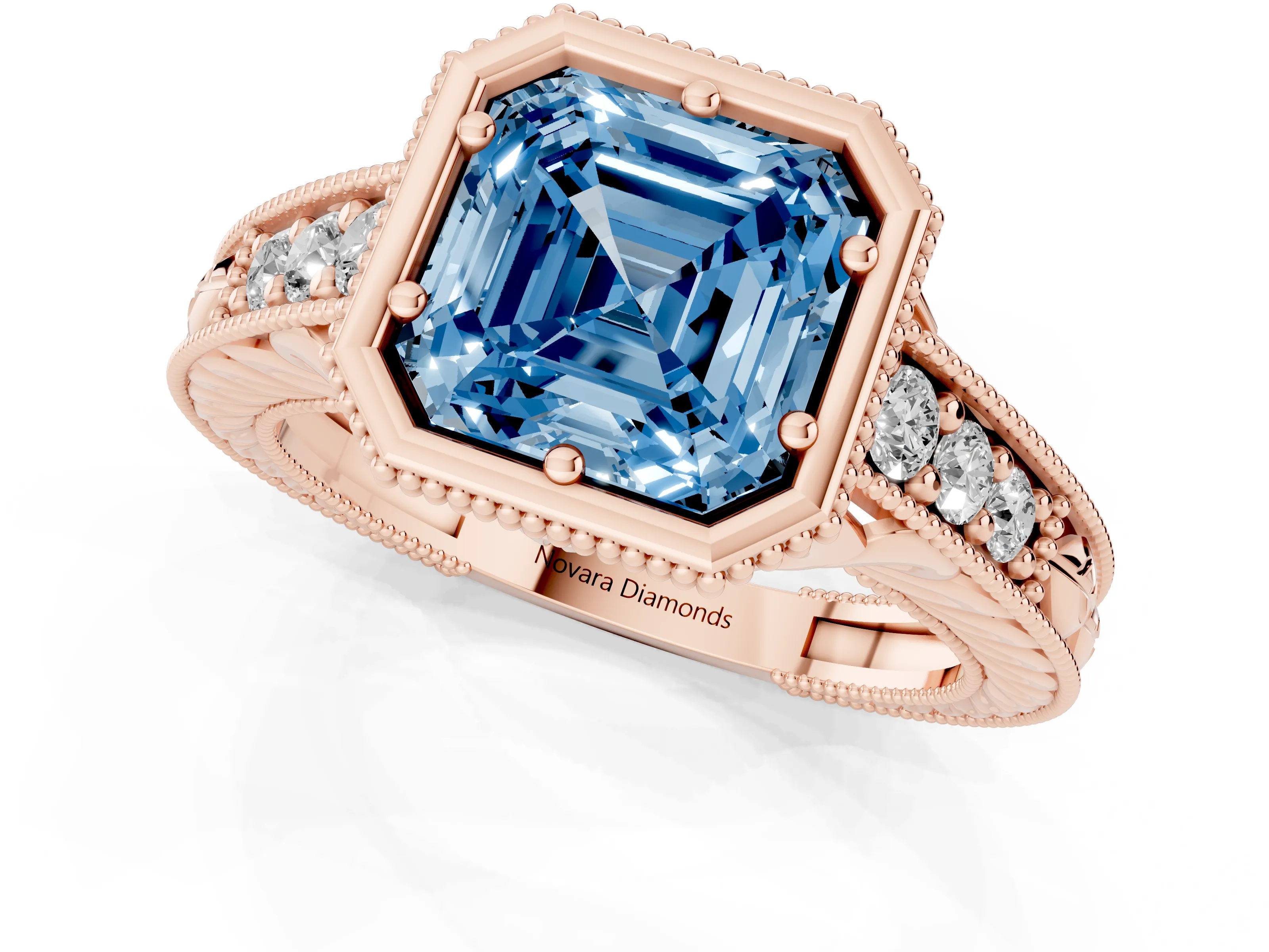 Fancy Blue Bezel Set Asscher Cut Diamond Milgrain Pavé Engagement Ring Set in Rose gold