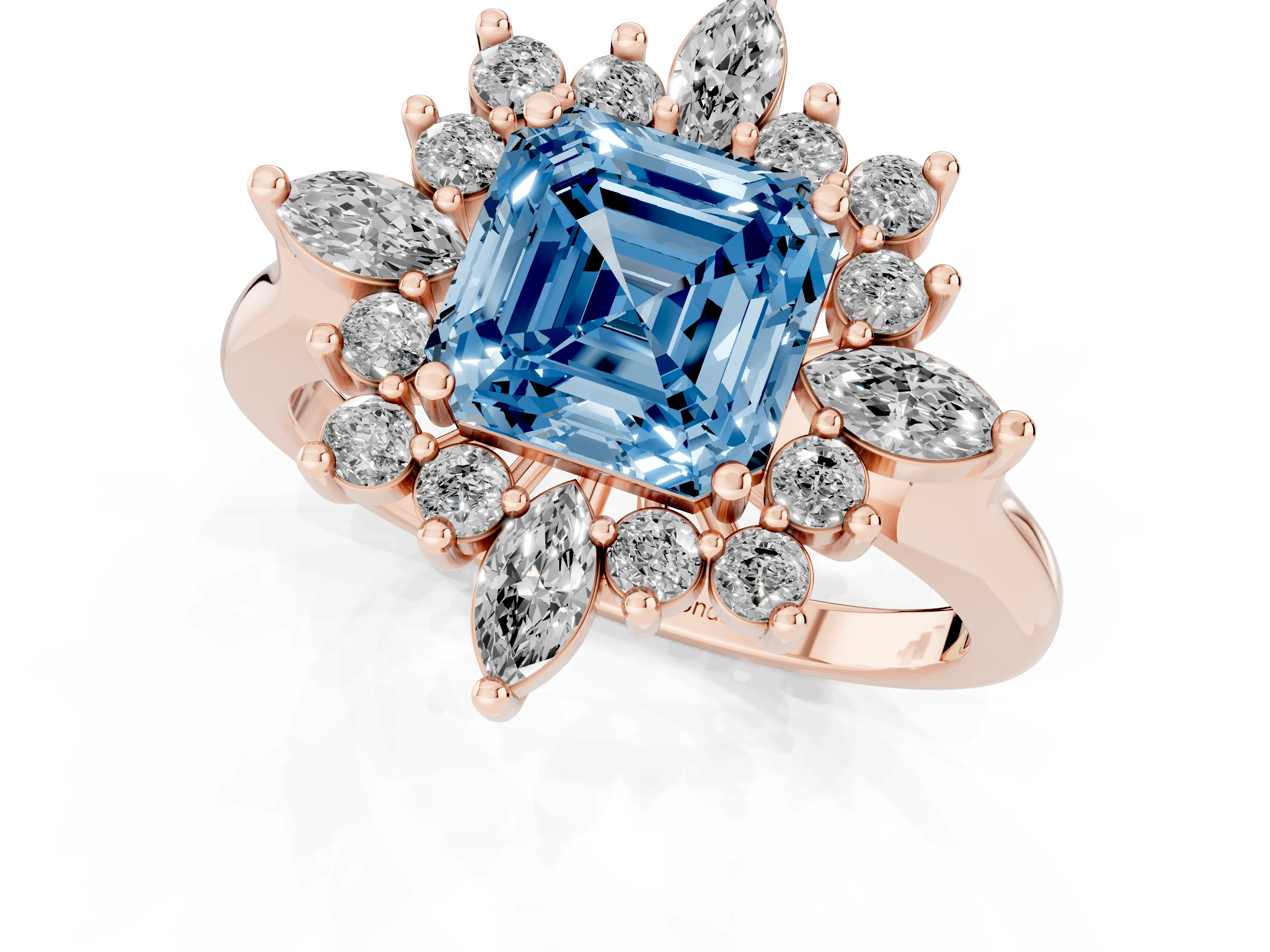 Fancy Blue Asscher Cut Diamond Cluster Halo Ring Set in Rose gold with Marquise and Round Accents