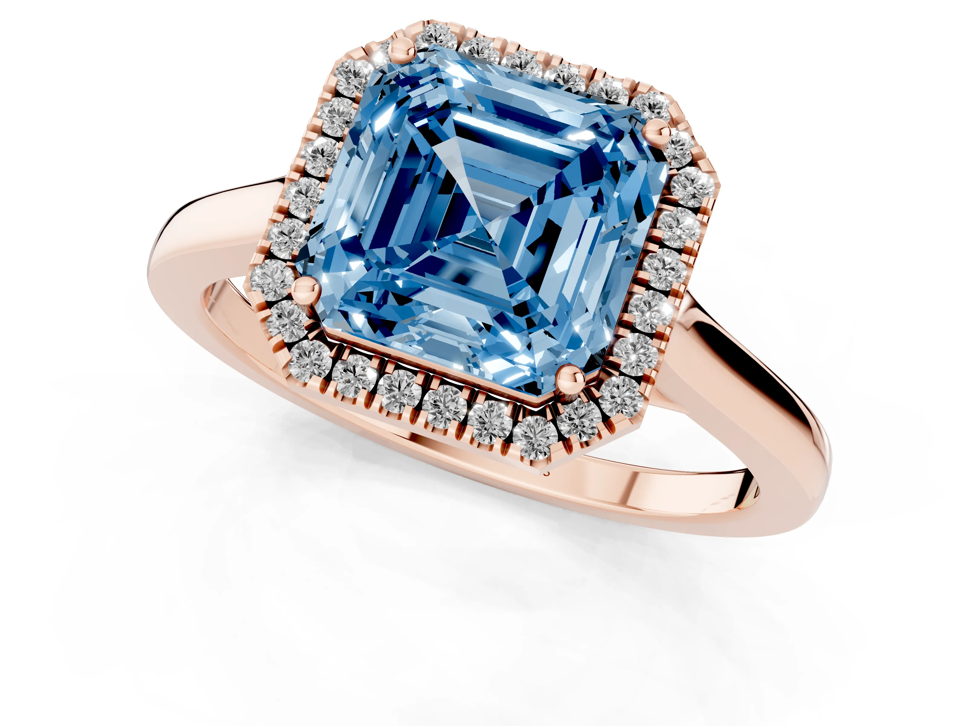 Fancy Blue Asscher Cut Halo Round Diamond Solitaire Ring Set in Rose gold with Pavé Band and Prong Setting
